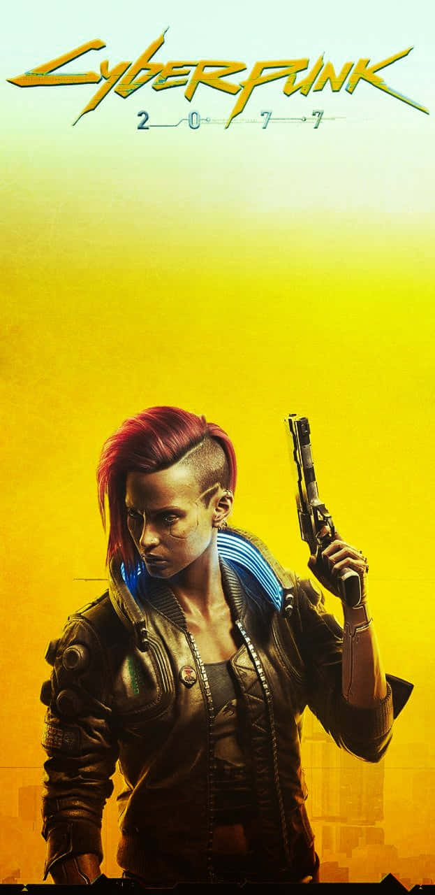 Cyberpunk 2077 主角，紅色莫西干頭，在黃色天空下握著手槍。