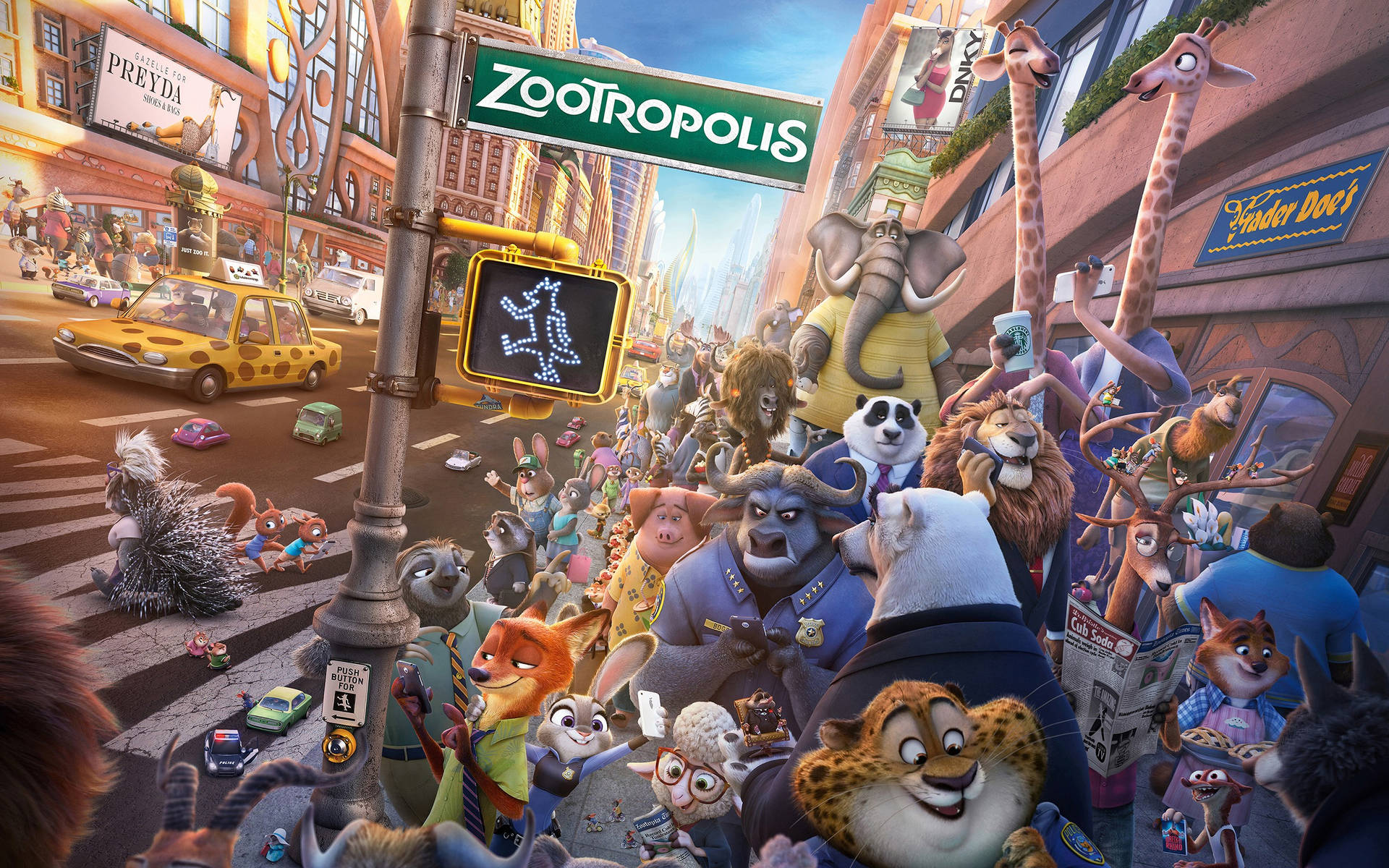 擬人化動物在 Zootropolis 穿越繁忙的城市街道。