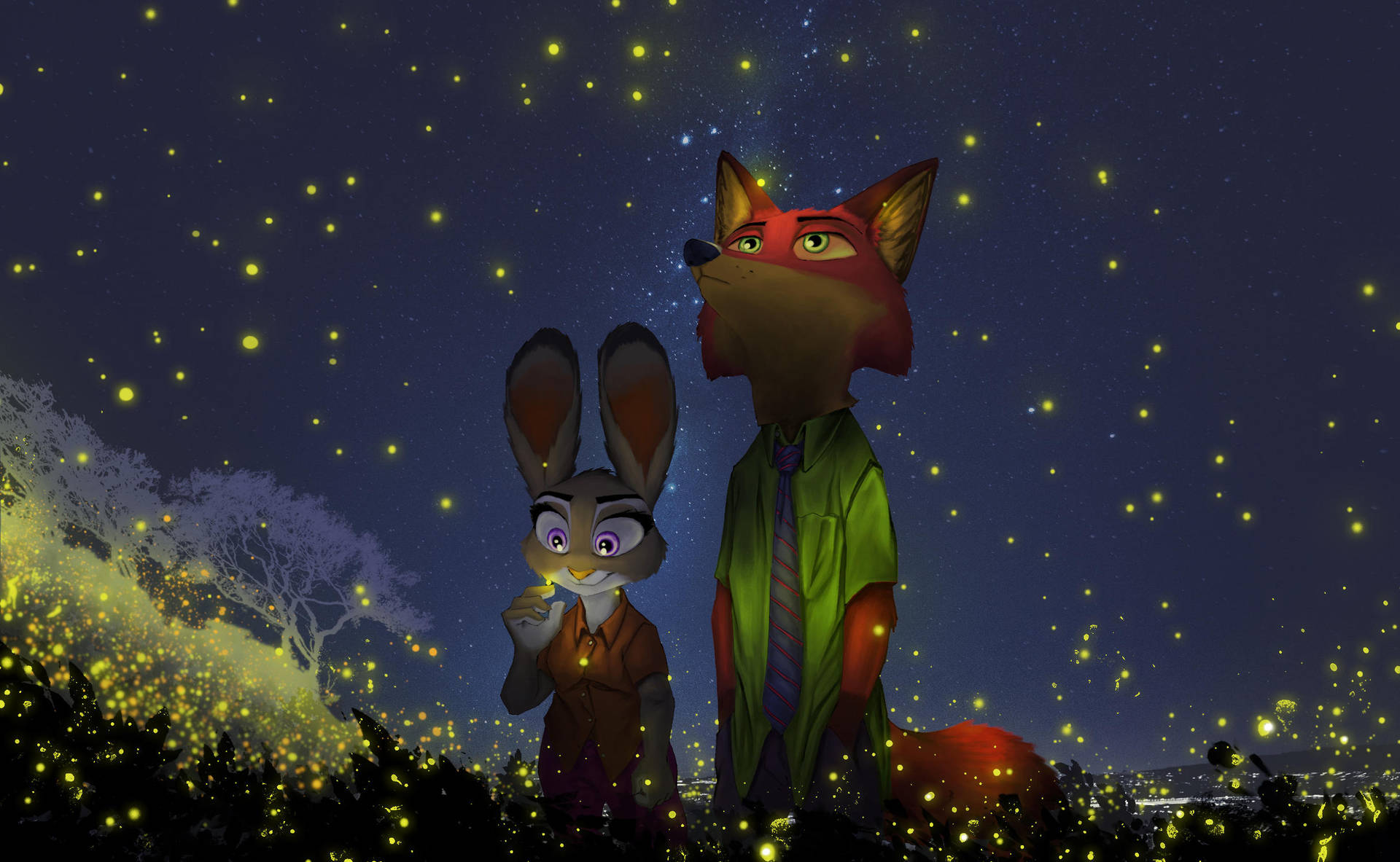Nick 和 Judy 在魔法森林的夜晚被發光的螢火蟲包圍。