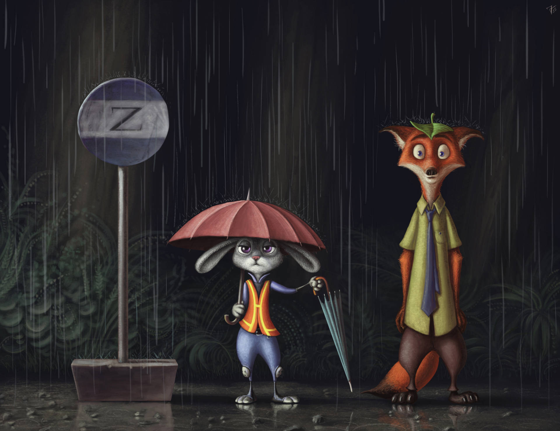 一隻兔子和狐狸在黑暗的森林中，在巴士站附近共用一把雨傘避雨。