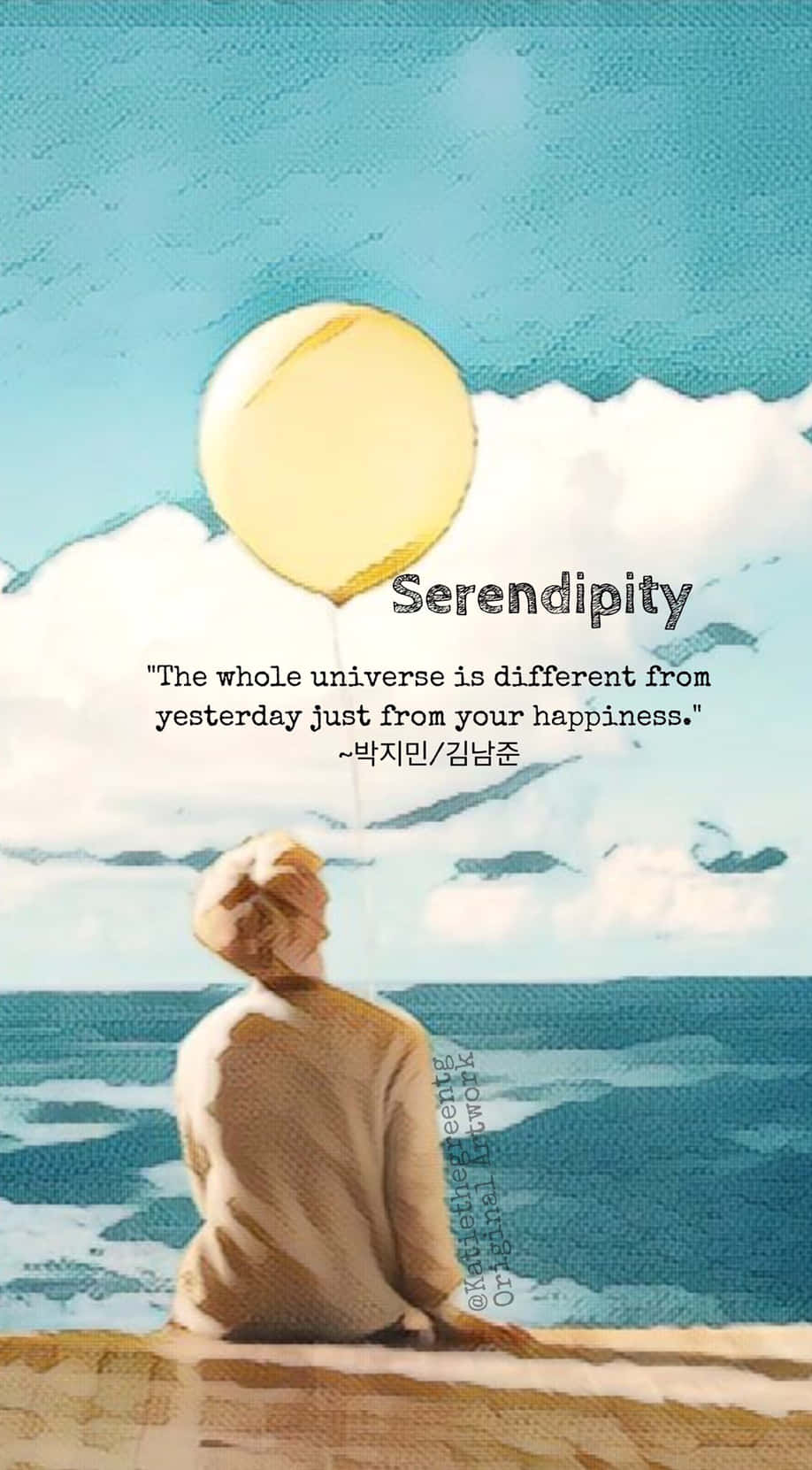 朴智敏《Serendipitous》金句海報 壁紙 — 一個人坐在懸崖邊，手持一個黃色氣球，氣球漂浮在藍天下海洋上方的雲層之上。