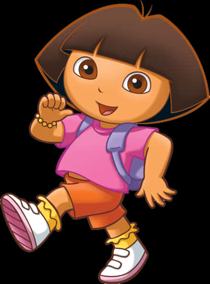 朵拉探險家動畫角色 壁紙 — Dora the Explorer 愉快地奔跑，身穿標誌性的粉紅色襯衫和橙色短褲，背著紫色背包。
