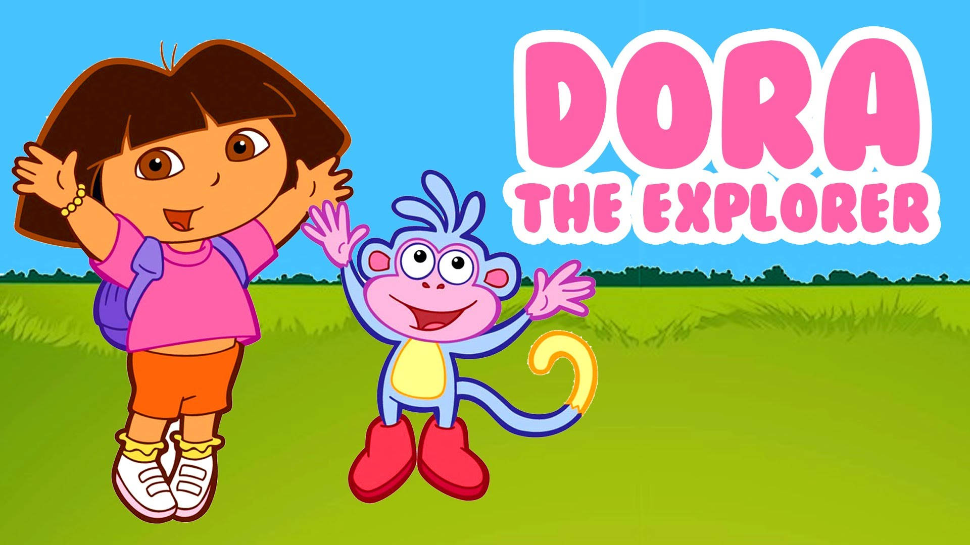 Dora the Explorer 和 Boots 在草地上揮手。