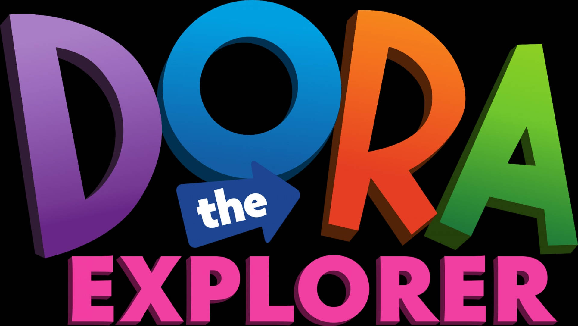 Dora the Explorer 色彩繽紛的 3D 標誌，帶有彩虹漸變字母。