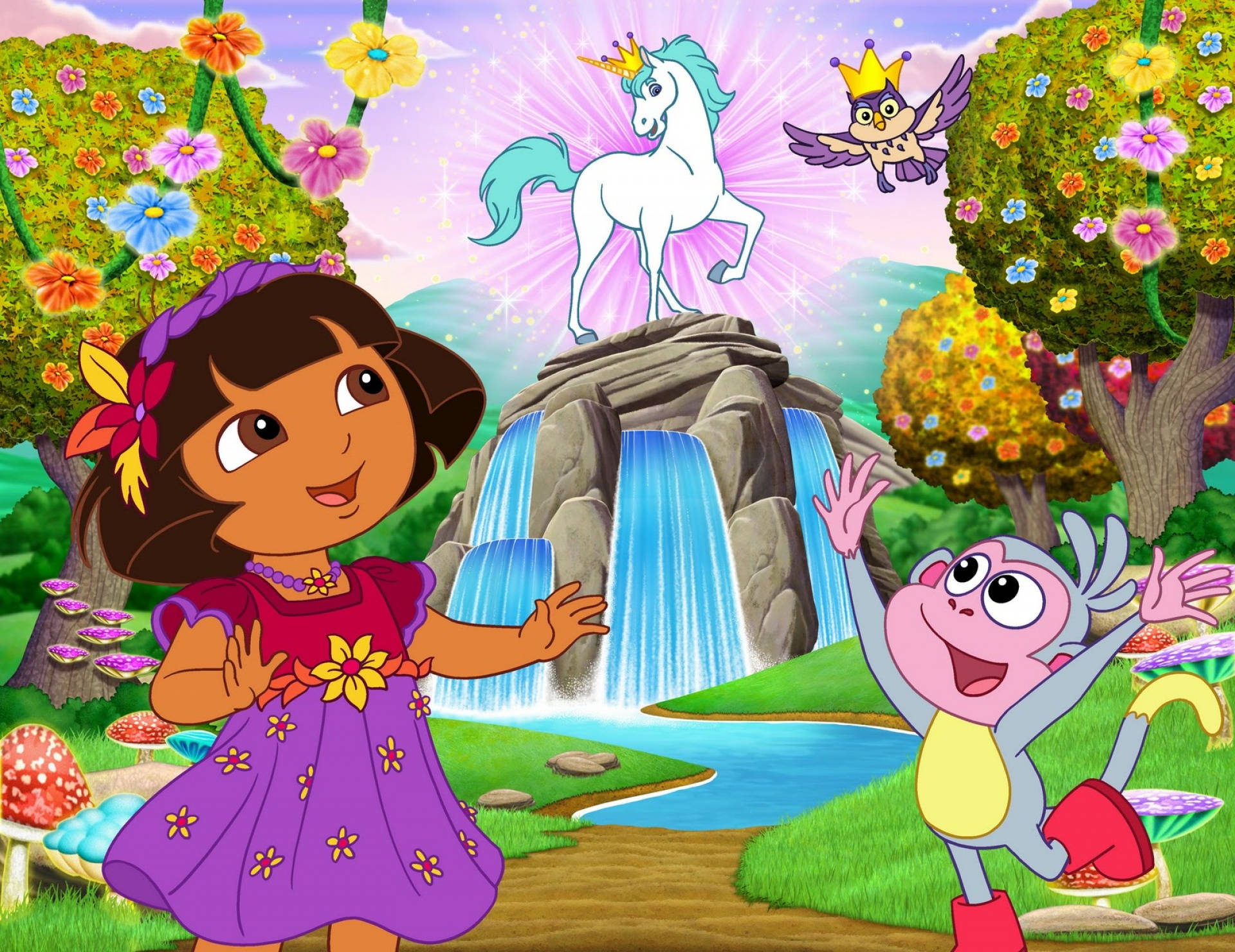 Dora 和 Boots 在魔法森林中與獨角獸和貓頭鷹一起在瀑布附近。