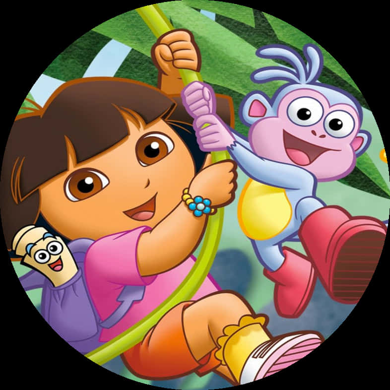 朵拉與小猴子冒險盪秋千 壁紙 — Dora the Explorer 和 Boots 手拿微笑地圖，在茂密的綠色叢林樹冠中快樂地盪來盪去。