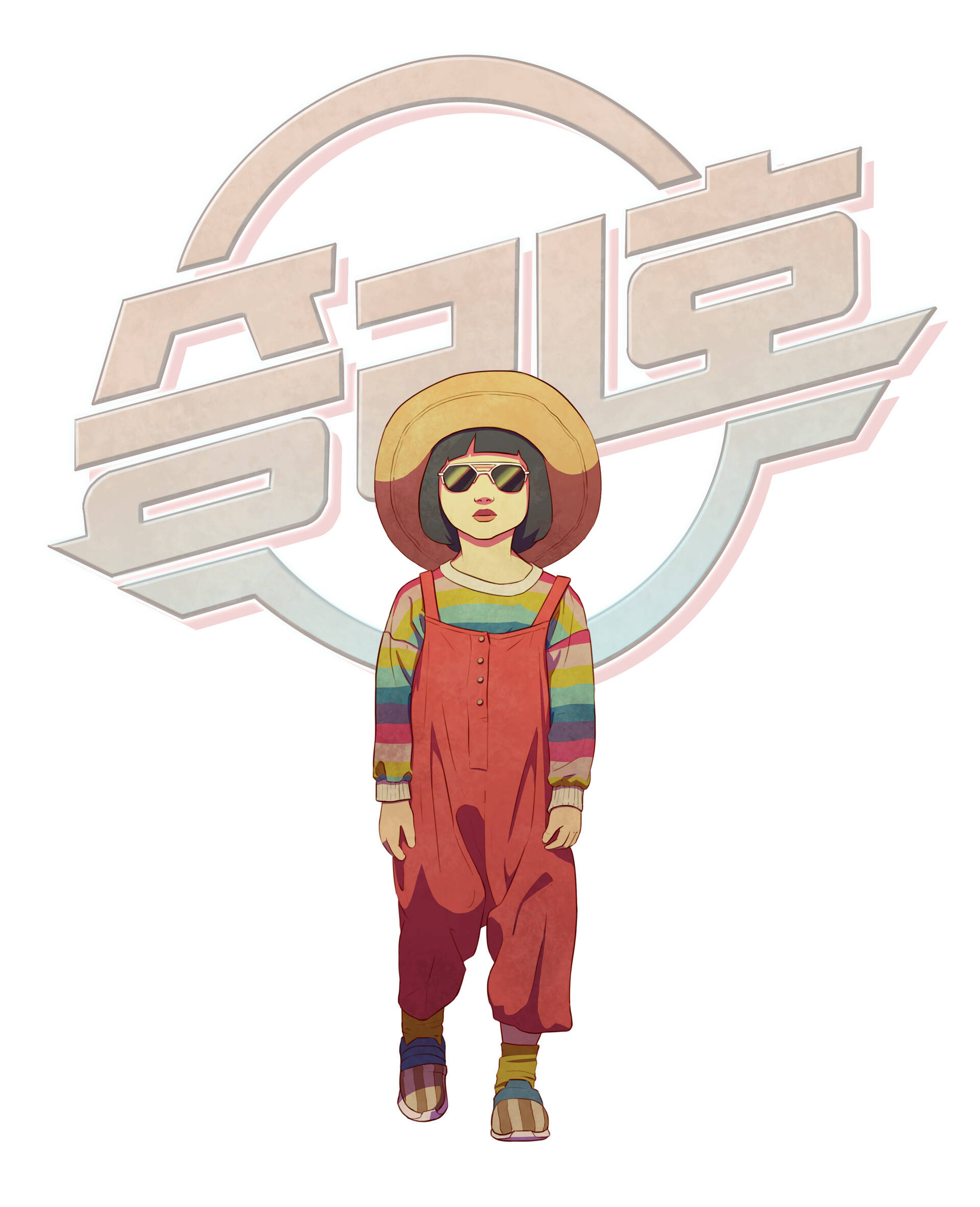 朵蘿西太空清潔員 壁紙 — 一個風格化的動漫女孩，身穿紅色工裝褲和太陽眼鏡，站在一個帶有柔和粉彩色的韓文文字標誌前。