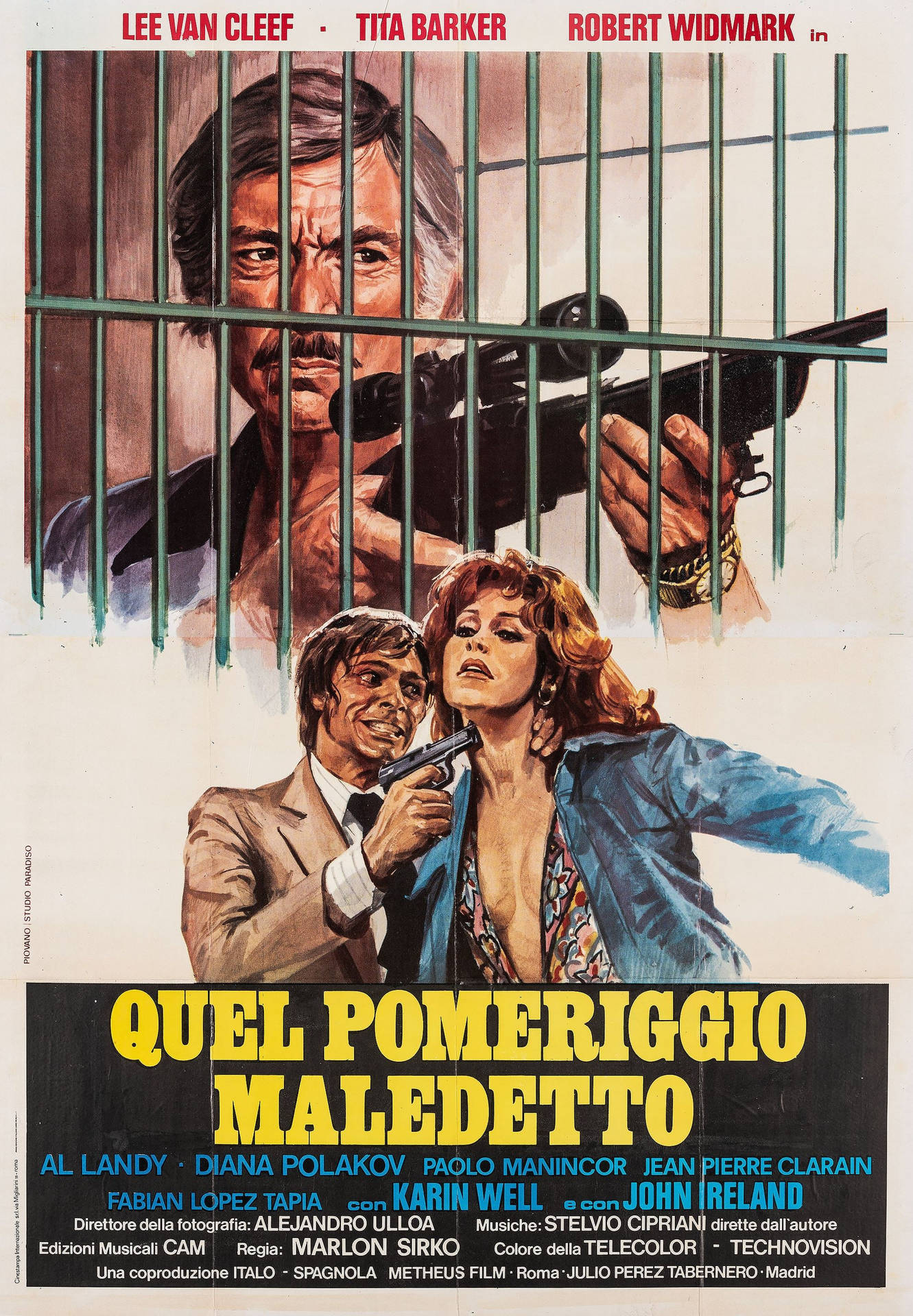 復古意大利動作電影海報，描繪持槍男子與女子的緊張場景。