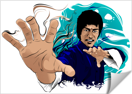 李小龍動作姿勢插畫 壁紙 — 李小龍以武術姿勢呈現的動態卡通插圖，帶有風格化的動作線條和旋轉的青綠色背景。