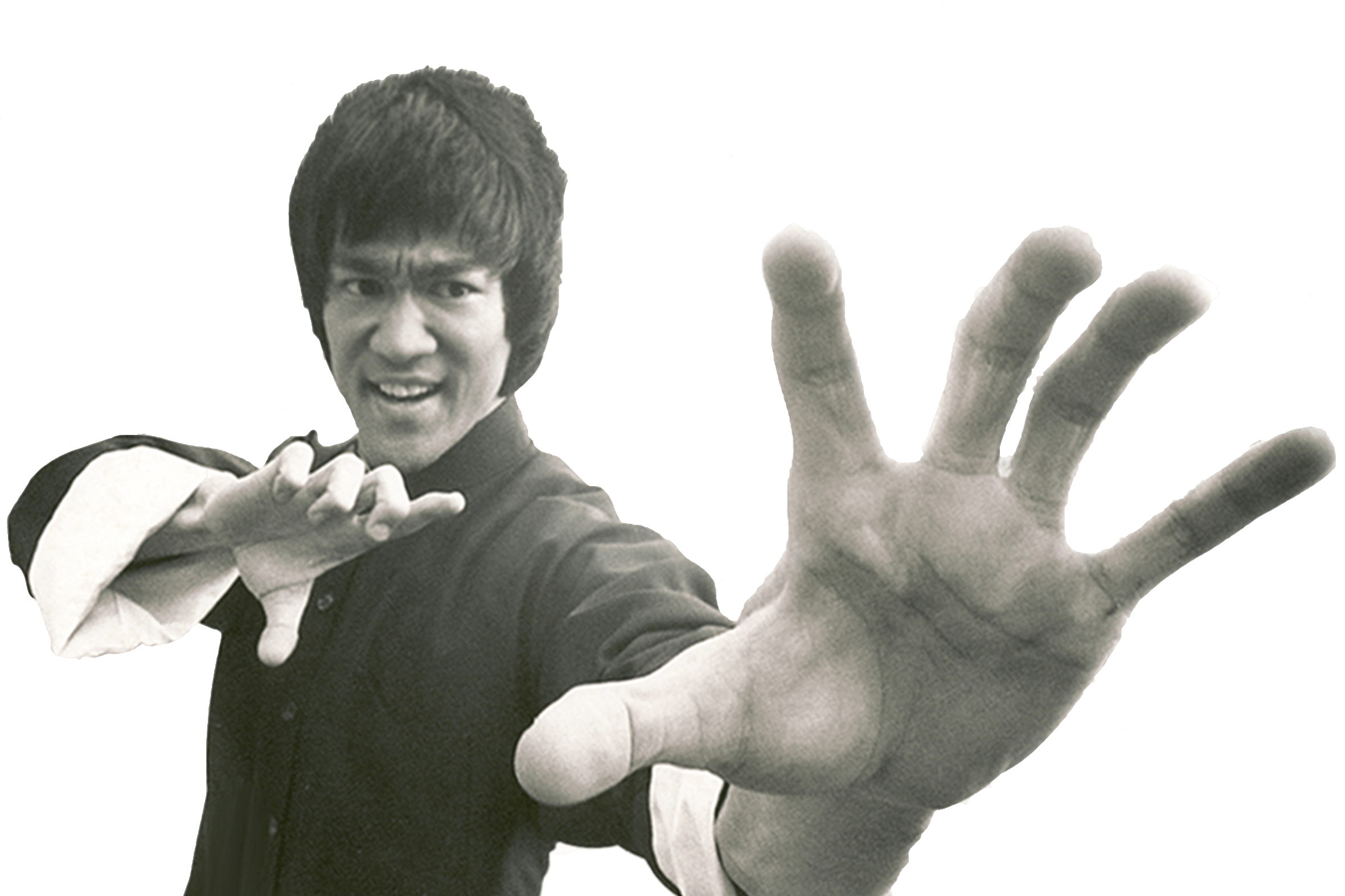 李小龍武術姿勢 壁紙 — 李小龍以黑白風格擺出動態武術姿勢，一隻手向前伸展。