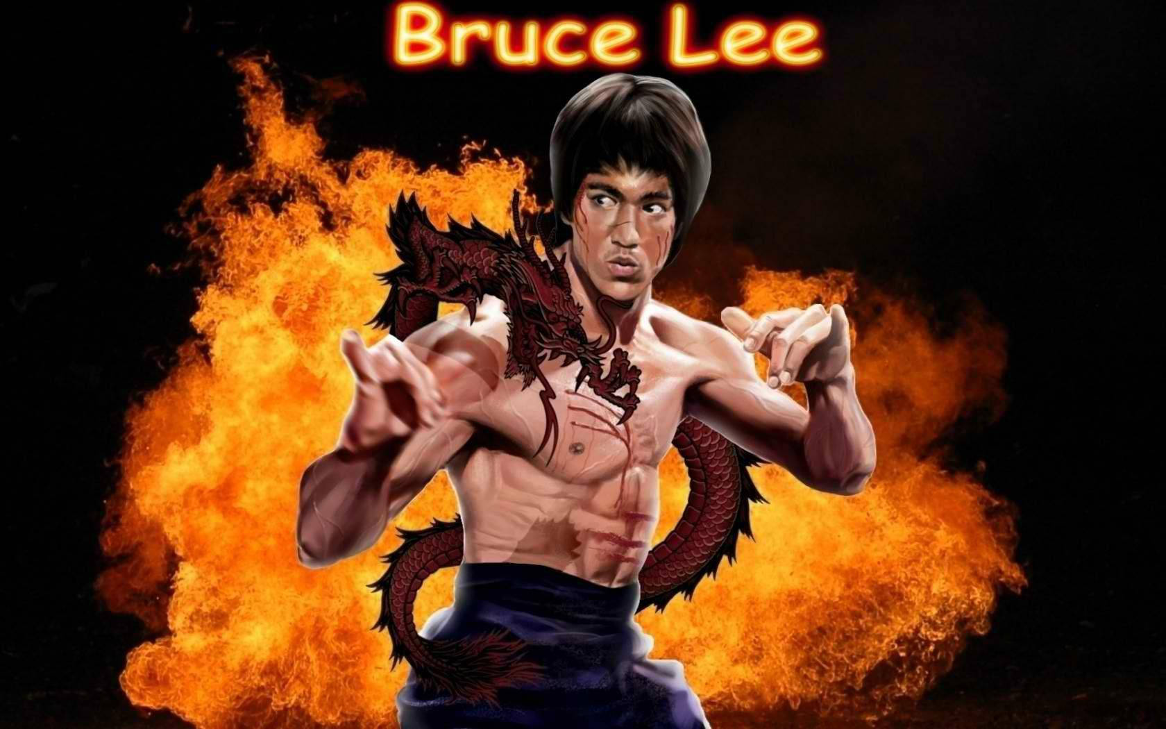 李小龍擺出武術姿勢，身後有火龍。