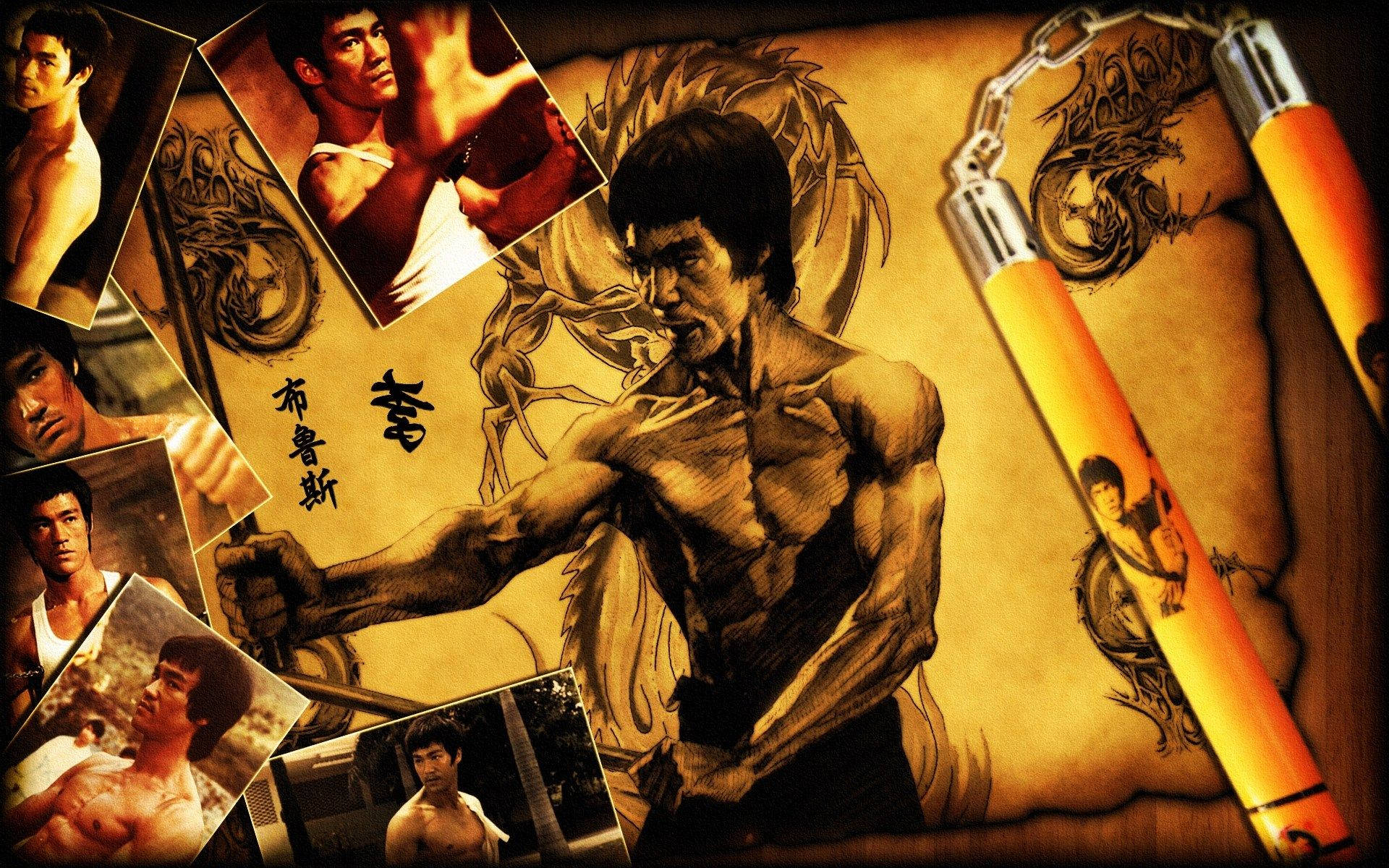 李小龍插圖，帶有照片和雙節棍，羊皮紙背景。