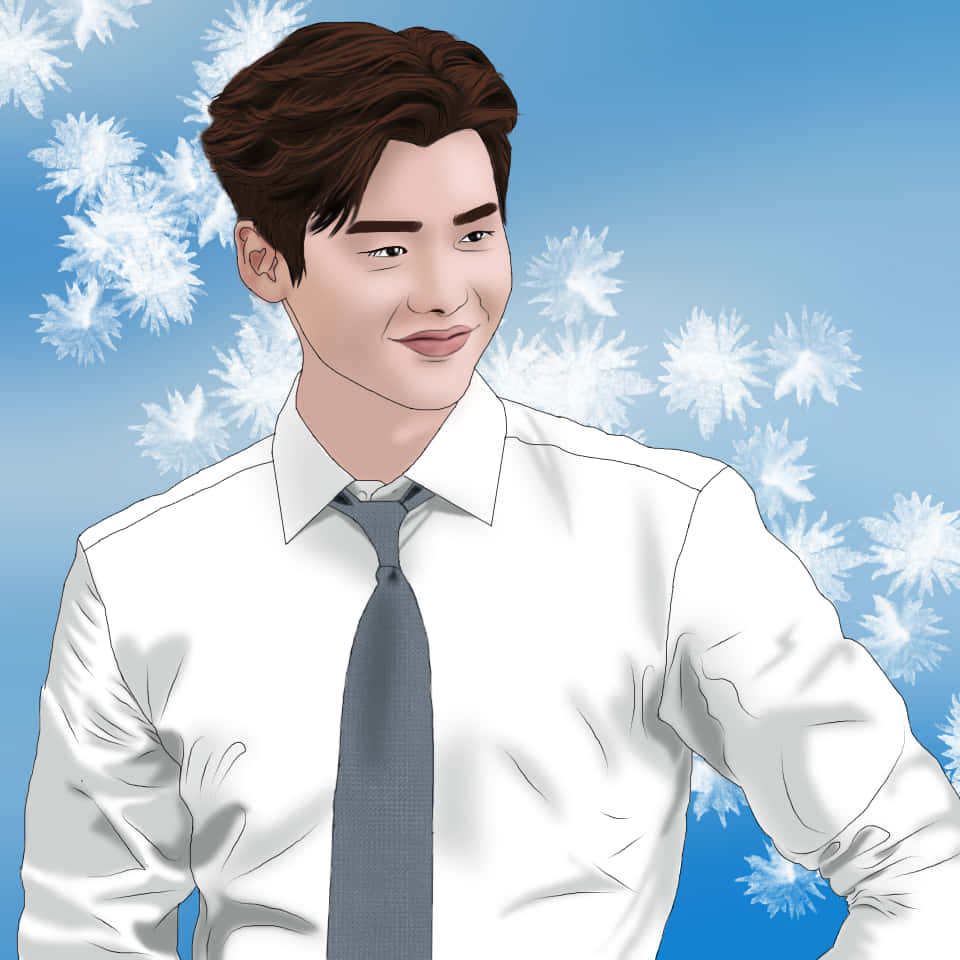 一個穿著白襯衫和灰色領帶的男人微笑著，雪花在他周圍飄浮。
