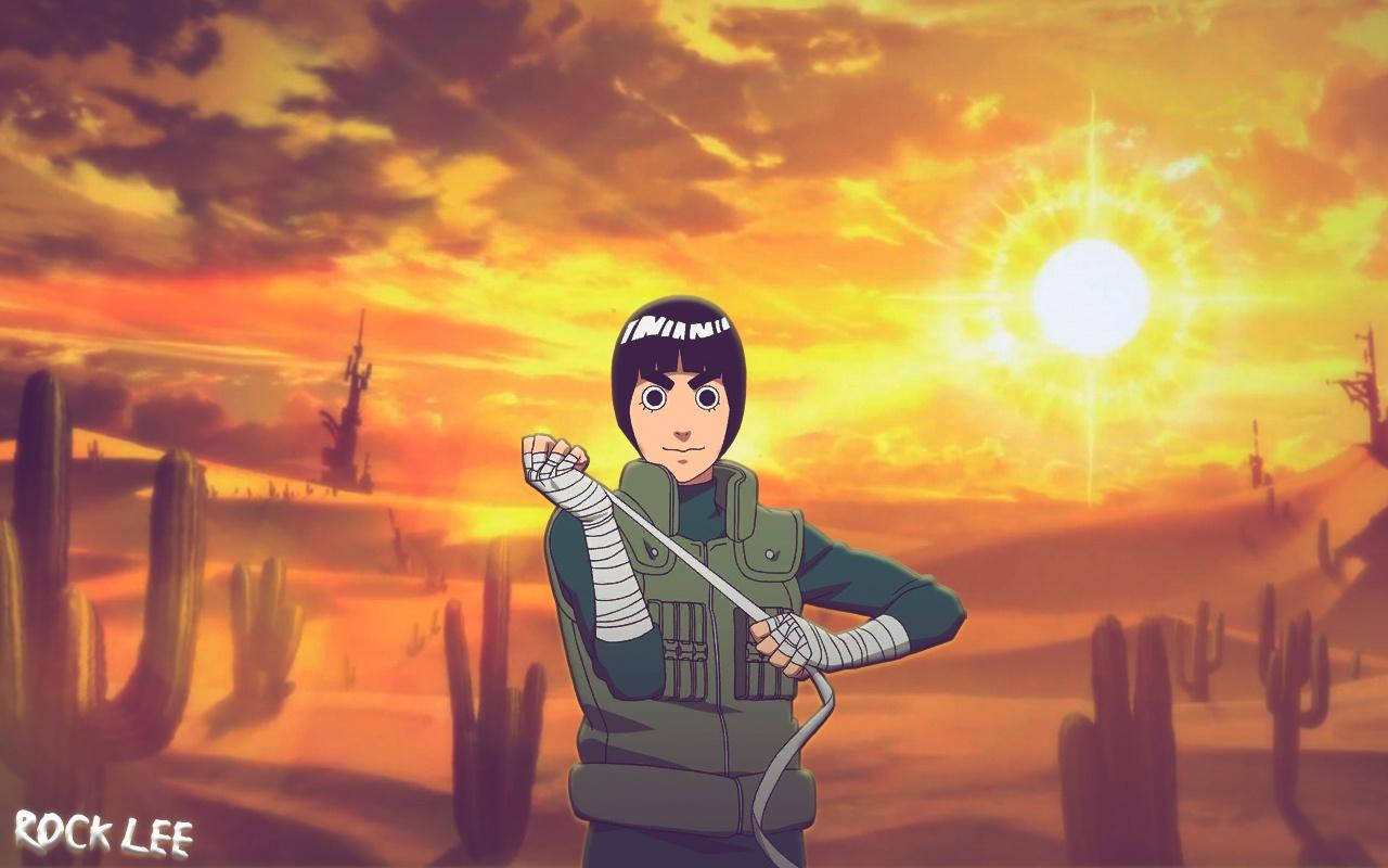 李洛克包紮手部 壁紙 — 動漫角色洛克·李站在沙漠中，夕陽下拿著繩子，身後有仙人掌和明亮的太陽。