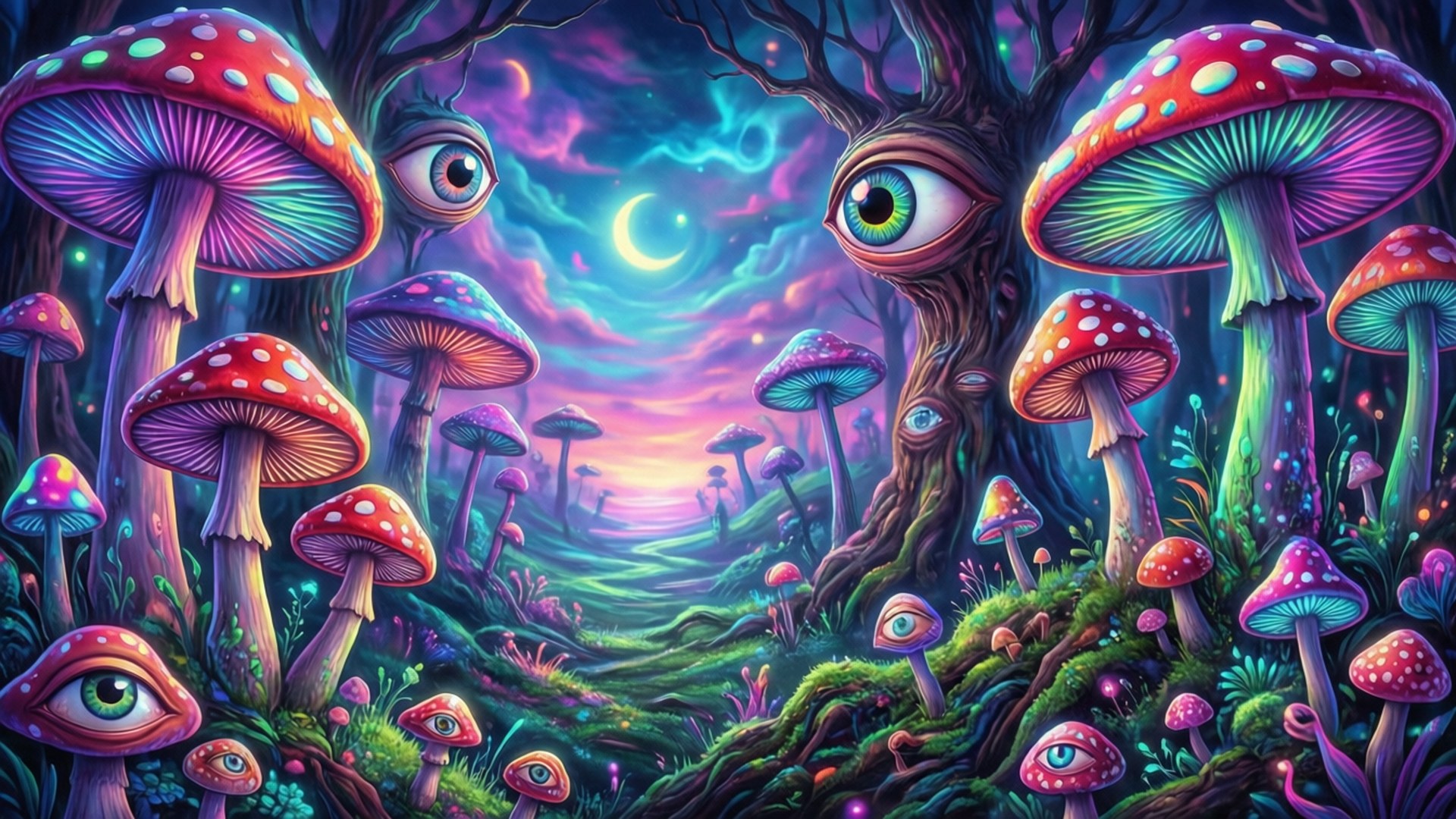 超現實森林，有發光蘑菇和長眼睛嘅樹木，暮色天空。