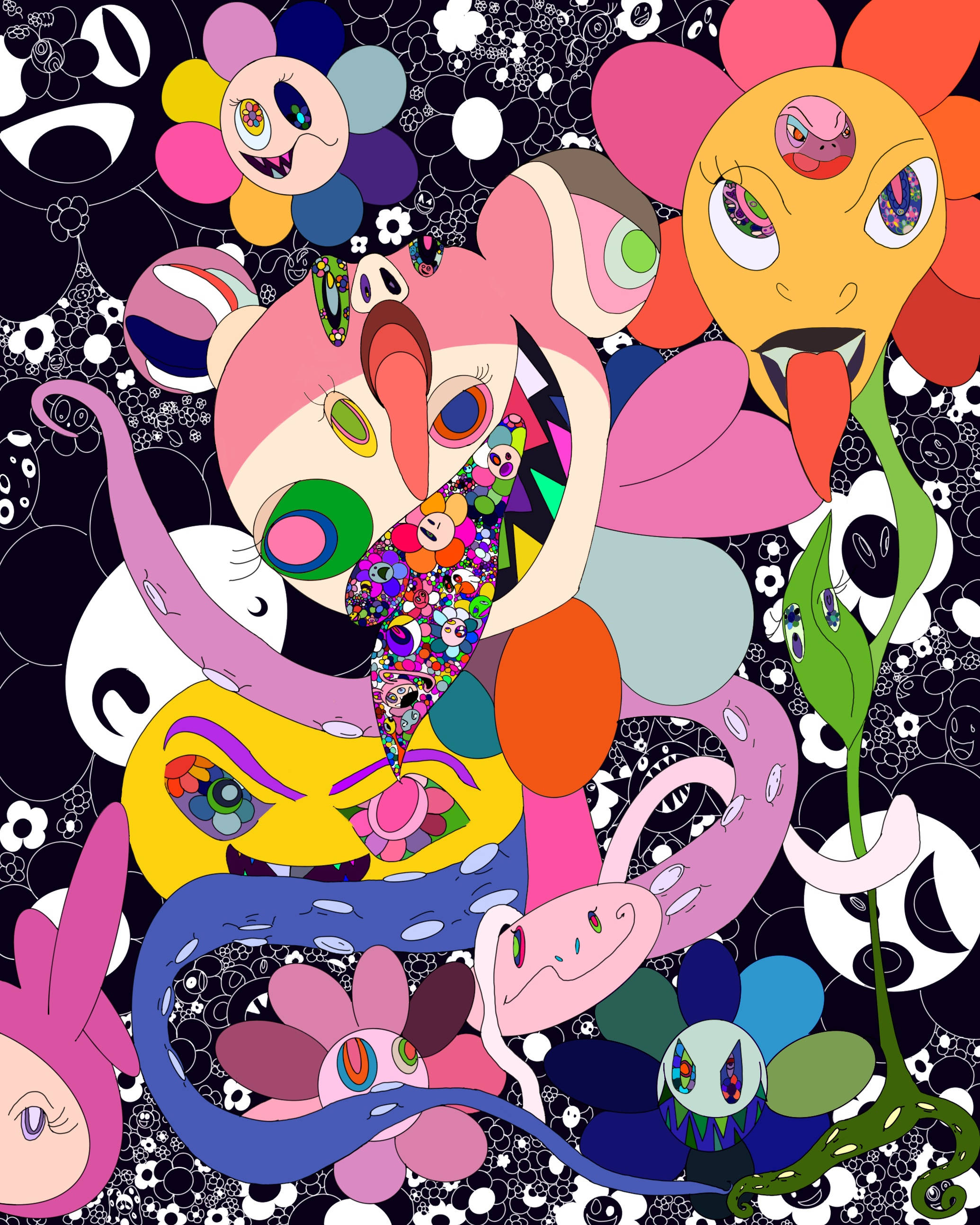 村上隆水下 4K 壁紙 — 充滿活力的超現實卡通生物，有花朵頭部和富有表現力的眼睛，在黑白圖案背景上迸發出來。