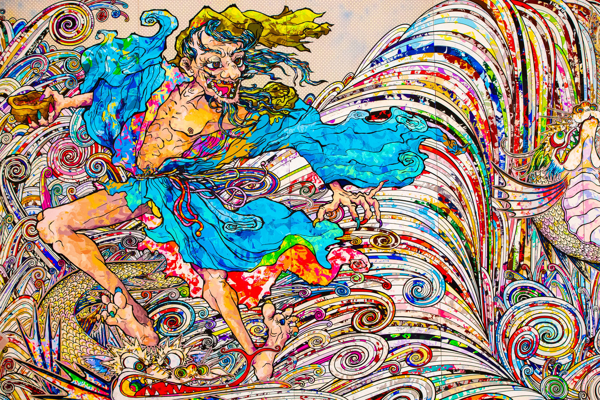 一個身穿藍色長袍的兇猛動漫惡魔，周圍環繞著旋轉的彩色圖案和一條龍。