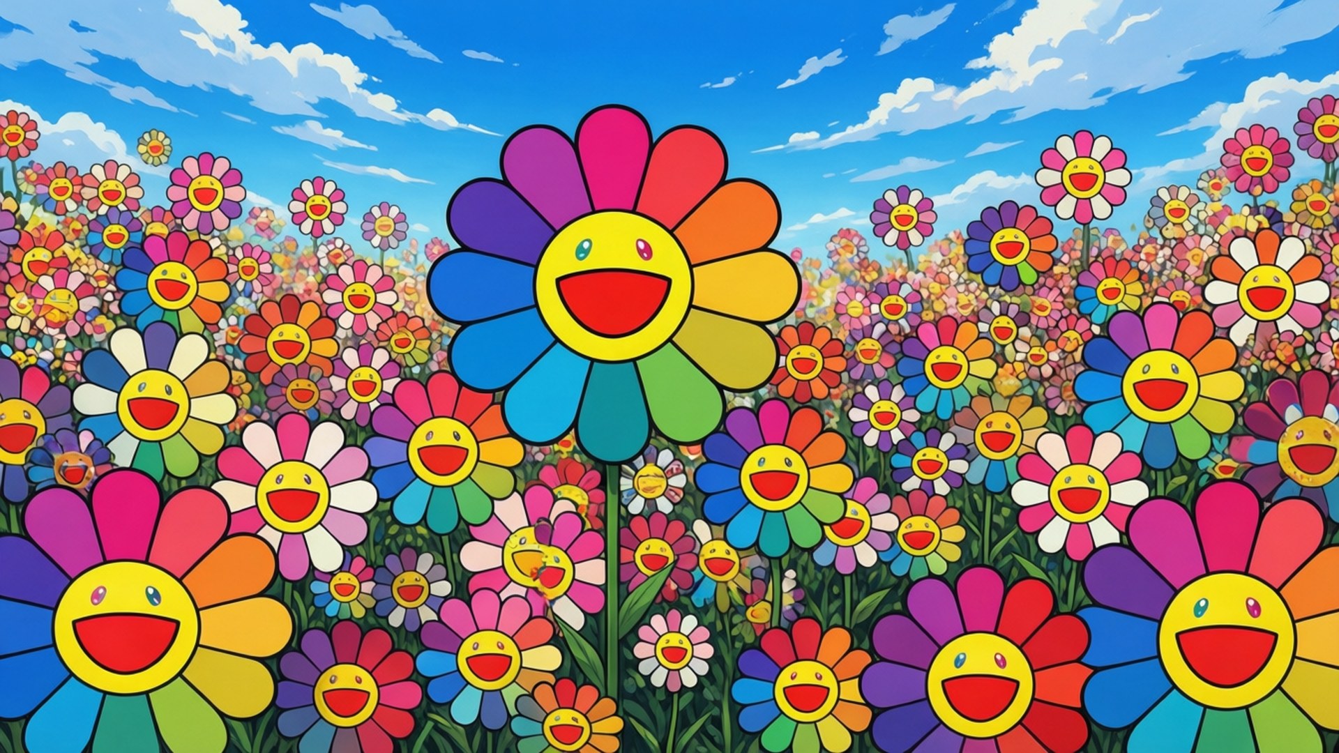 村上隆風格花田 壁紙 — 一片充滿活力的彩虹色微笑花朵田野，在明亮的藍天和蓬鬆的白雲下。