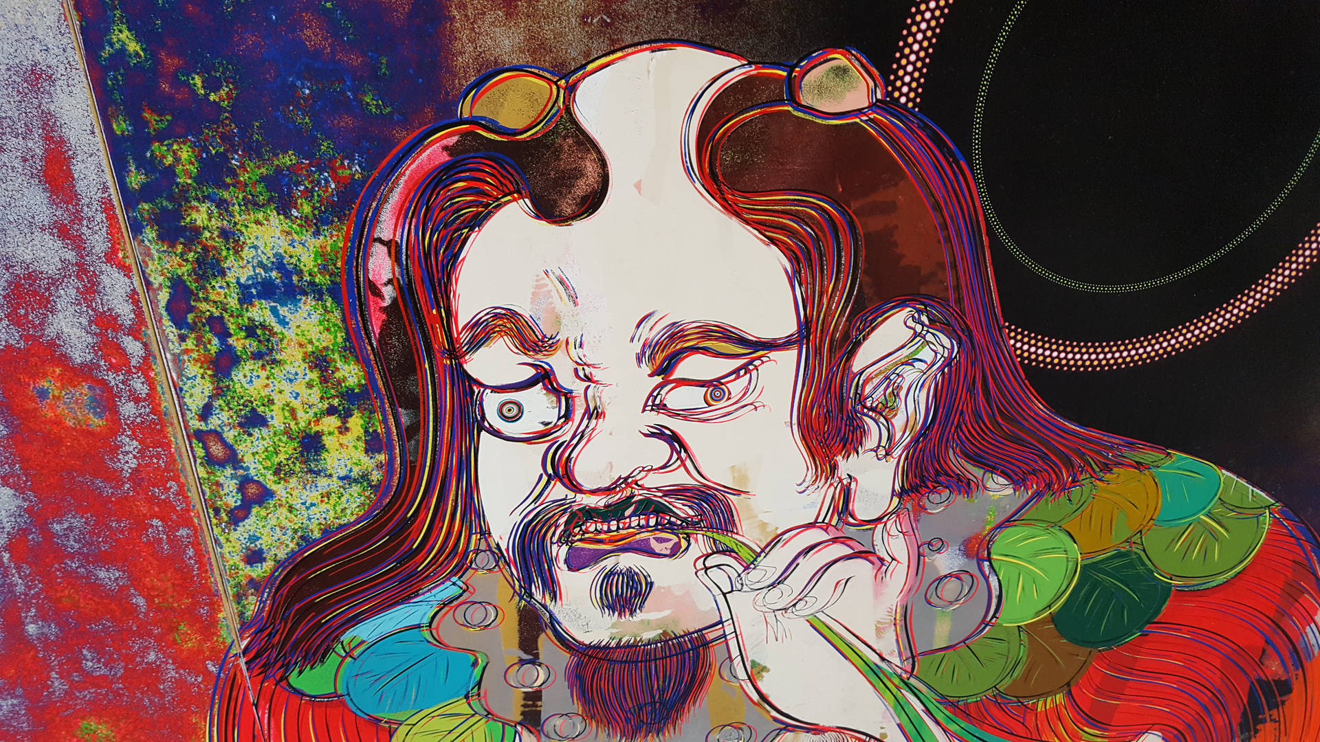 一個兇猛的動漫角色，帶有彩色輪廓和抽象背景。