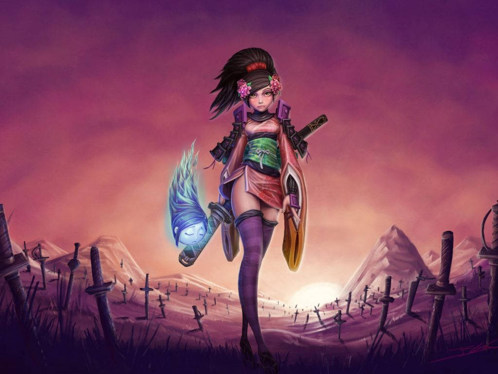 動漫戰士女孩在夕陽下的劍場中手持發光的劍站立。