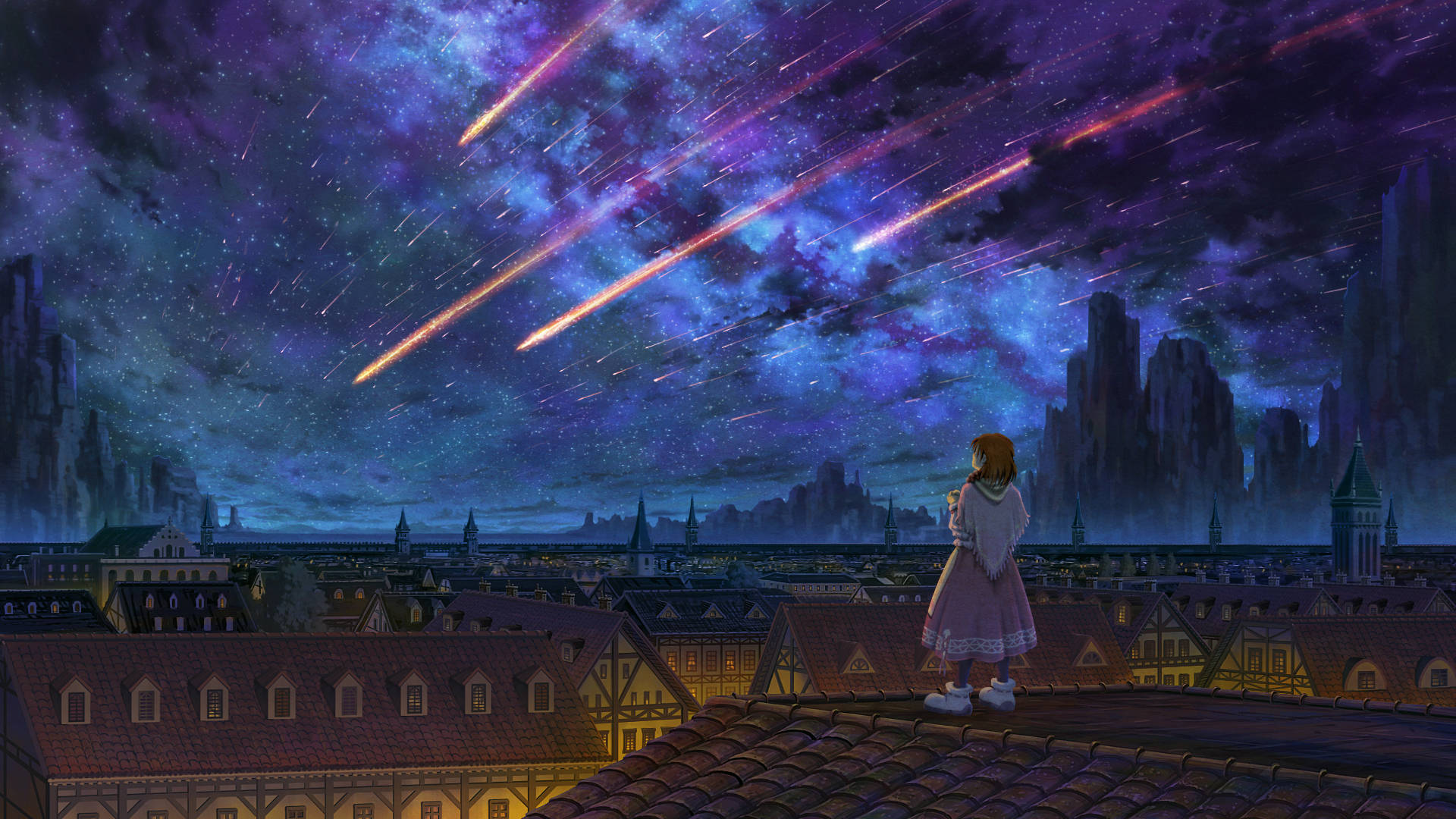 穿粉紅色裙的女孩看著流星劃過城市屋頂上方的星空。