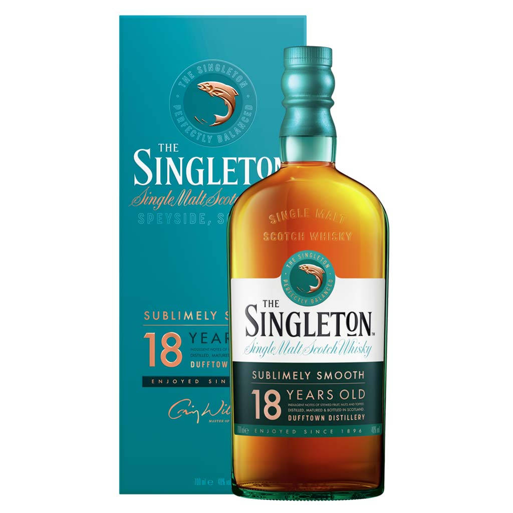 一瓶Singleton 18年蘇格蘭威士忌，配以青綠色包裝。