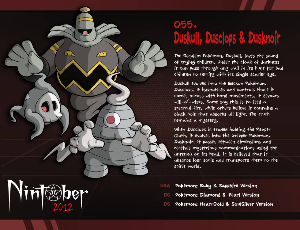 三隻寶可夢 Duskull、Dusclops 和 Dusknoir，附有遊戲資訊和 Nintober 2012 文字。