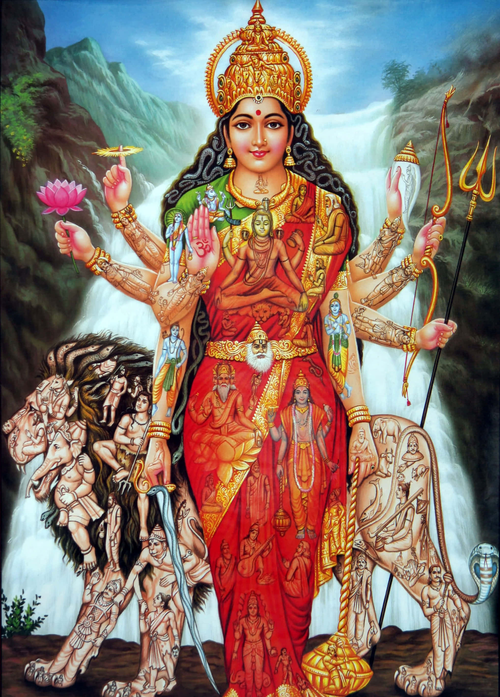 杜爾加女神瀑布背景圖 壁紙 — 一位身穿紅金服飾、光芒四射的多臂女神站在瀑布前，手持神聖武器和蓮花，兩側有雕刻精美的象。
