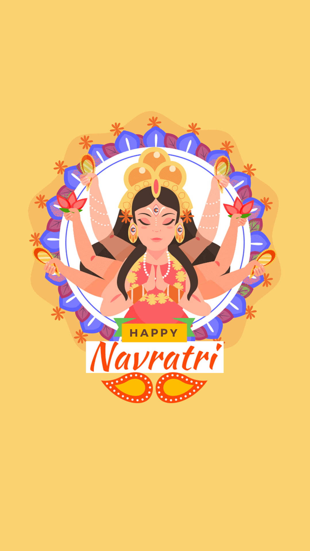 快樂的Navratri節日插圖，展示一位多臂女神，手持蓮花和裝飾圖案。