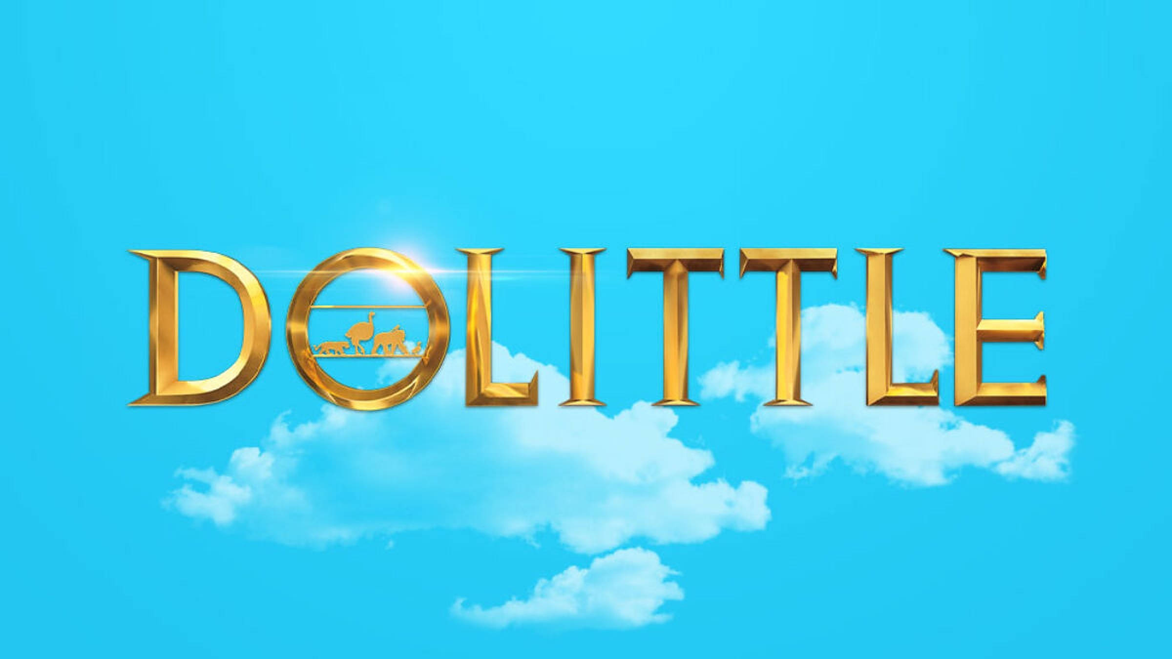 《杜立德》美學海報 壁紙 — 金色3D Dolittle標題字母漂浮在蓬鬆的白雲之上，背景是明亮的藍天。
