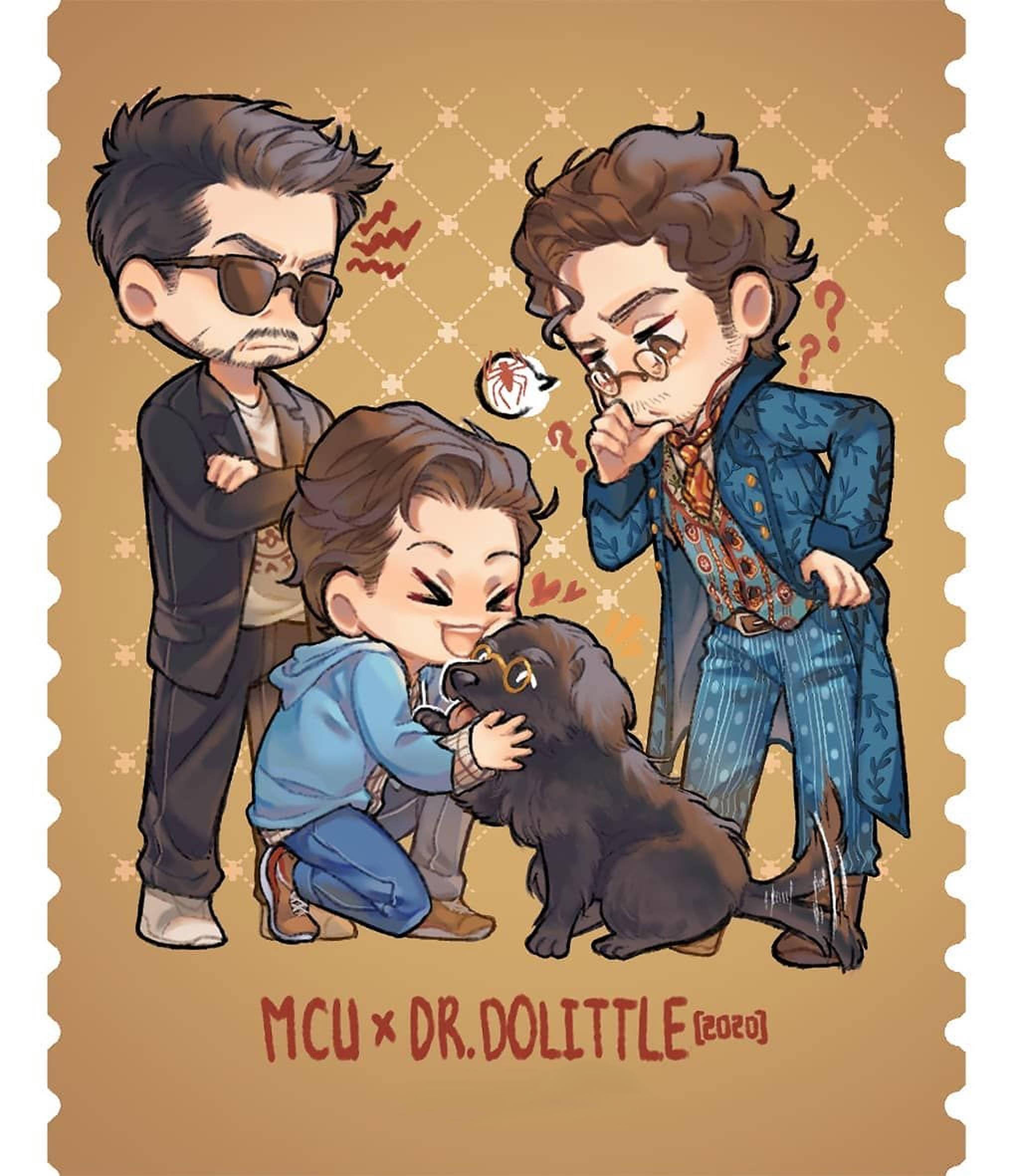 《杜立德醫生》X MCU 串場藝術 壁紙 — 三個MCU角色與狗在圖案背景上互動的Q版風格插圖。