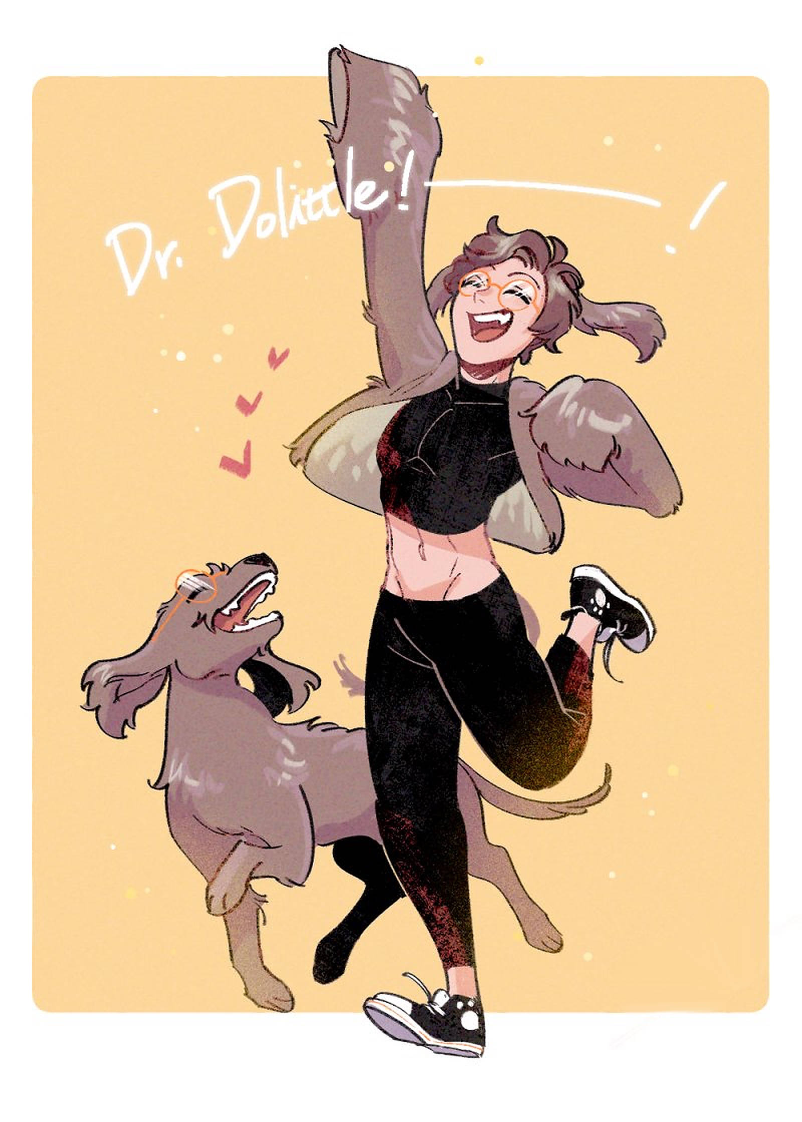 《杜立德醫生》插畫 壁紙 — 一個快樂的動畫女人有翅膀和一隻狗，在溫暖的黃色背景上驚呼「Dr Dolittle!」。