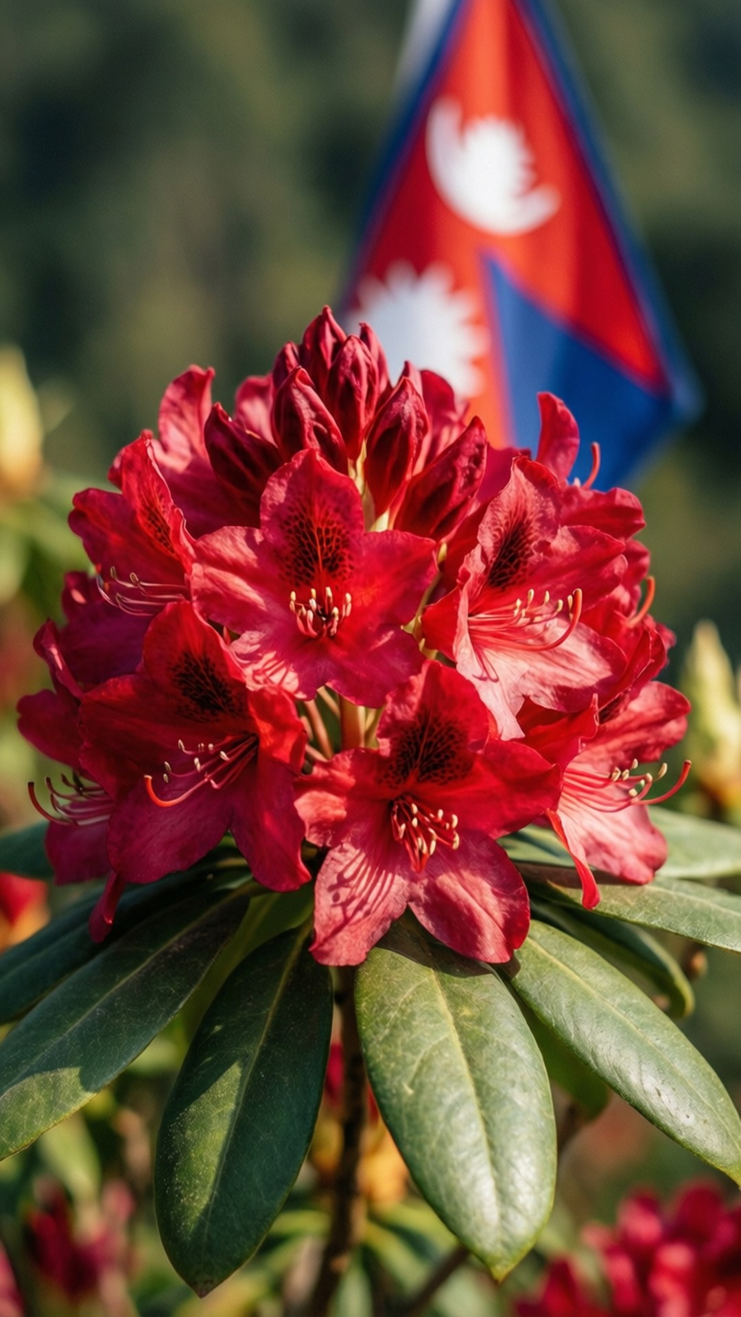 紅色杜鵑花，綠色葉子和尼泊爾國旗在背景