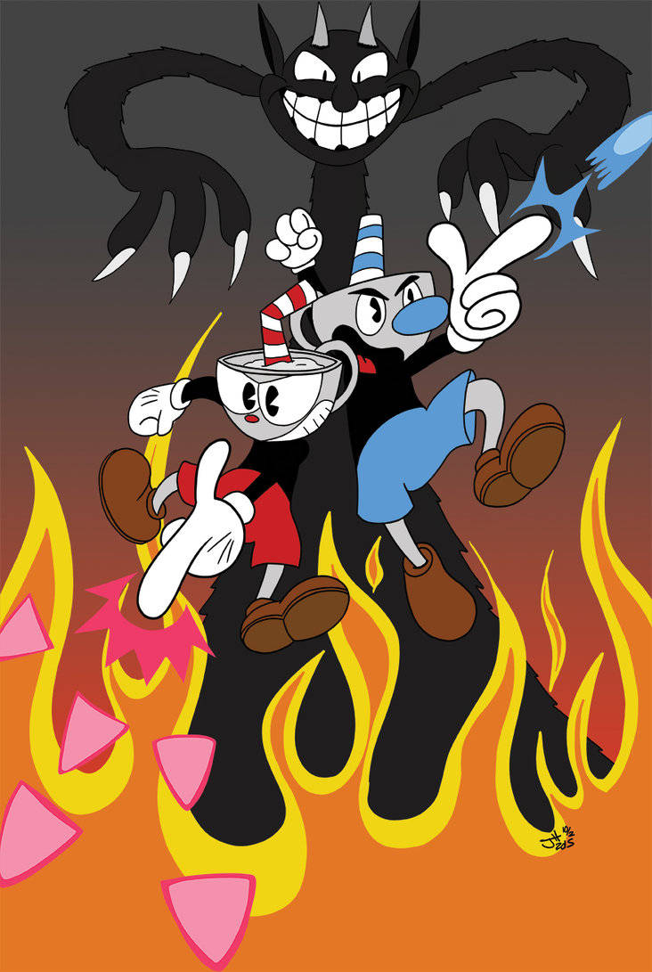 Cuphead 和 Mugman 穿過火焰和粉紅色碎片逃離一隻黑色貓怪物。