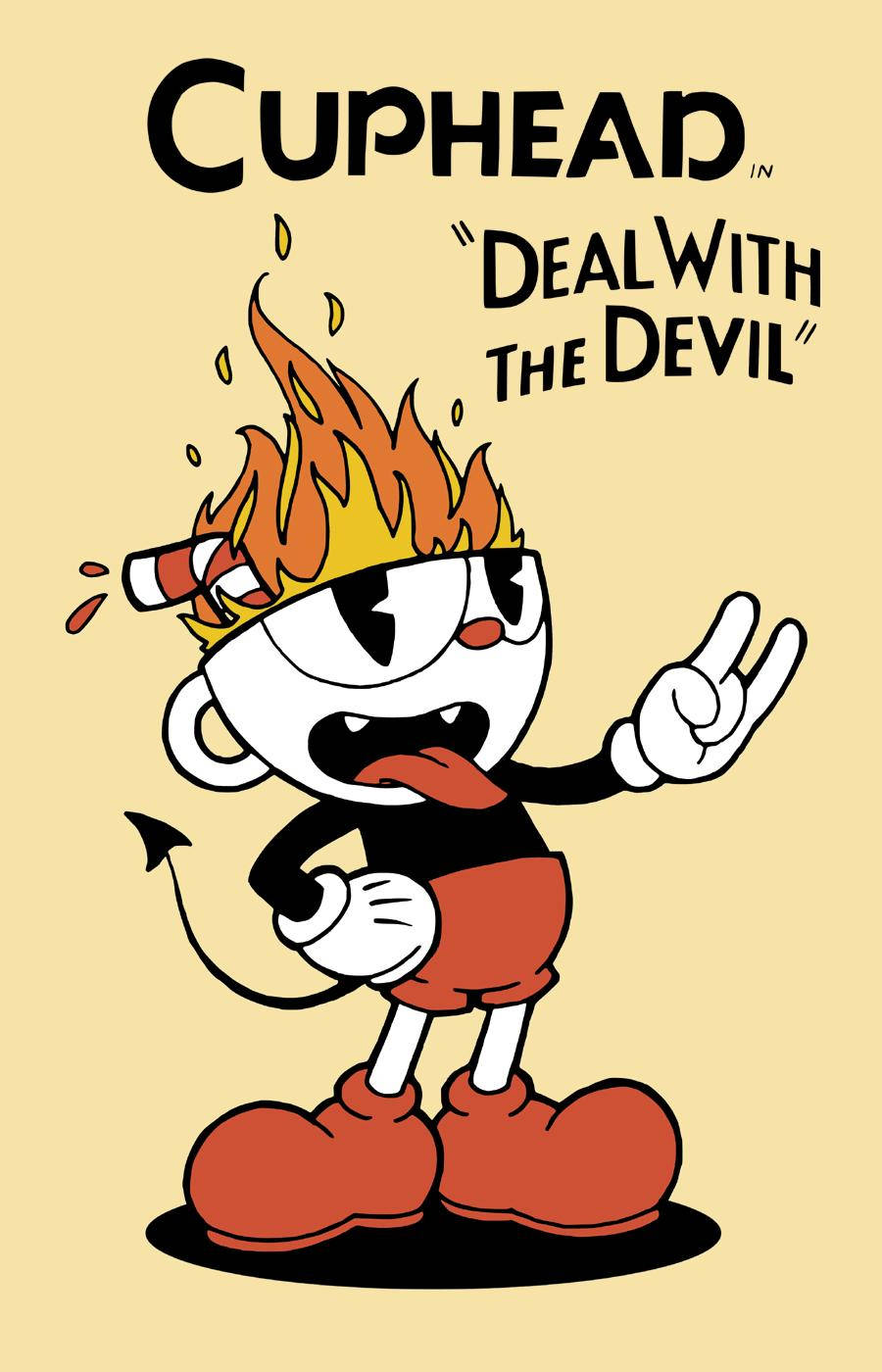 Cuphead 卡通角色頭上有火焰做出和平手勢