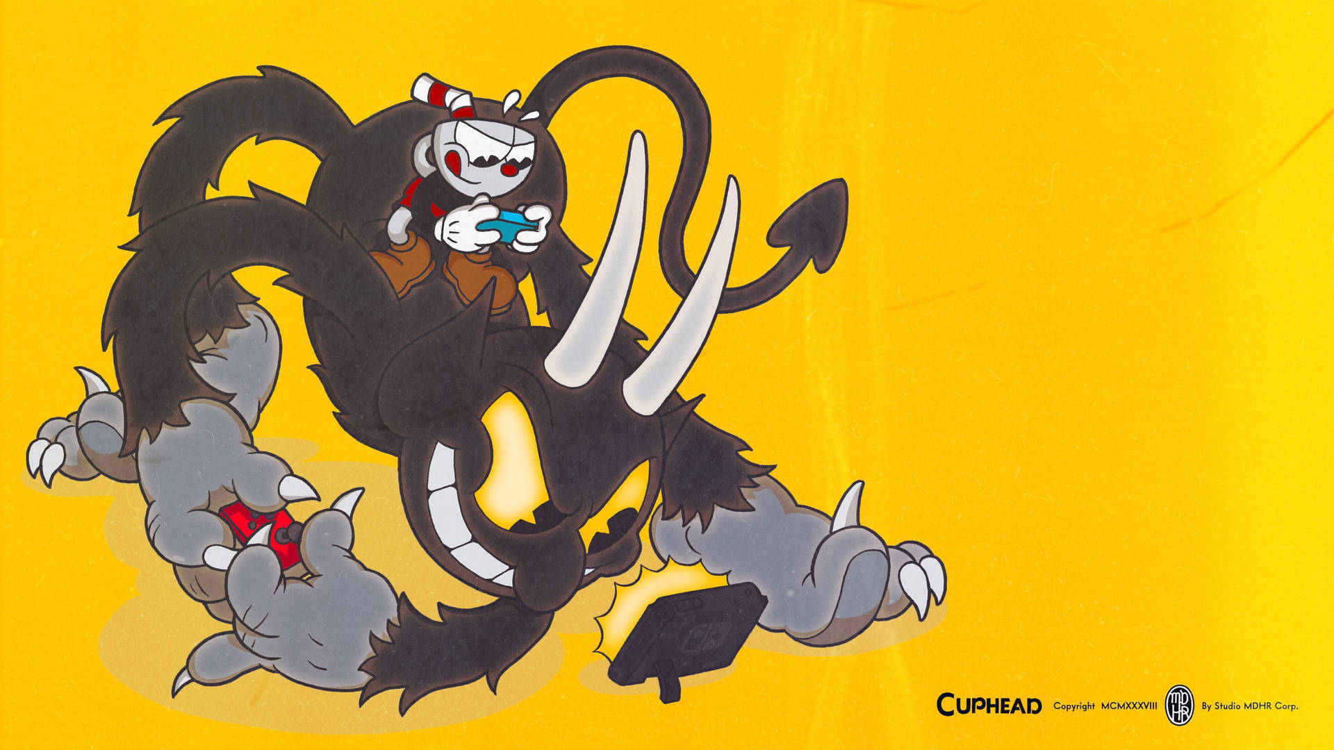 Cuphead 在卡通遊戲場景中騎著一隻巨大的野豬怪物。
