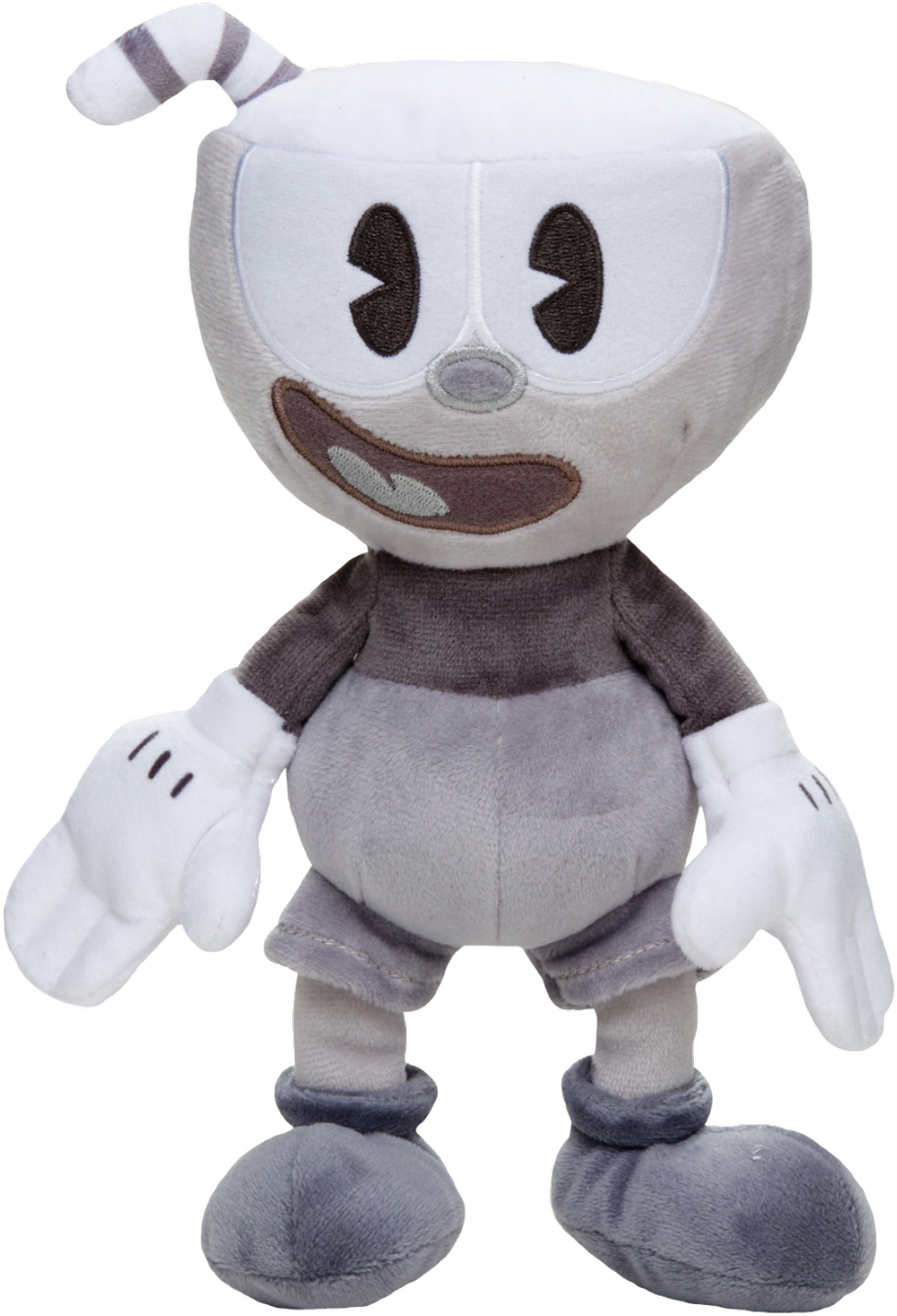 杯頭毛絨玩具站立 壁紙 — 角色 Cuphead 的毛絨玩具，咧嘴大笑，戴著條紋帽子，背景為黑色。