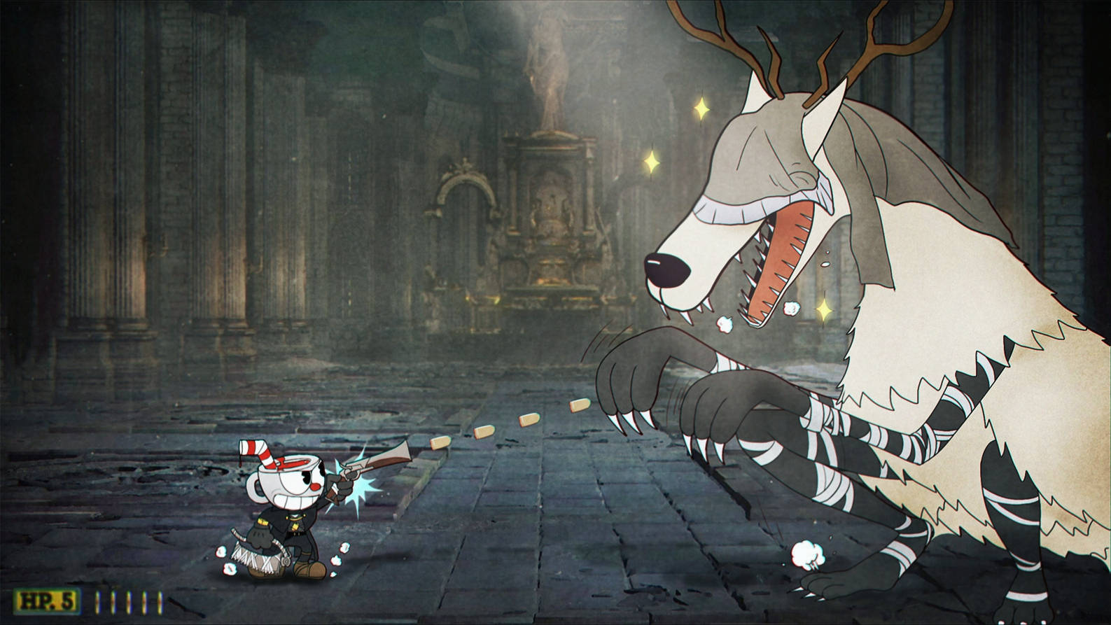 Cuphead 喺黑暗大教堂入面同一隻巨大鹿形怪物戰鬥。