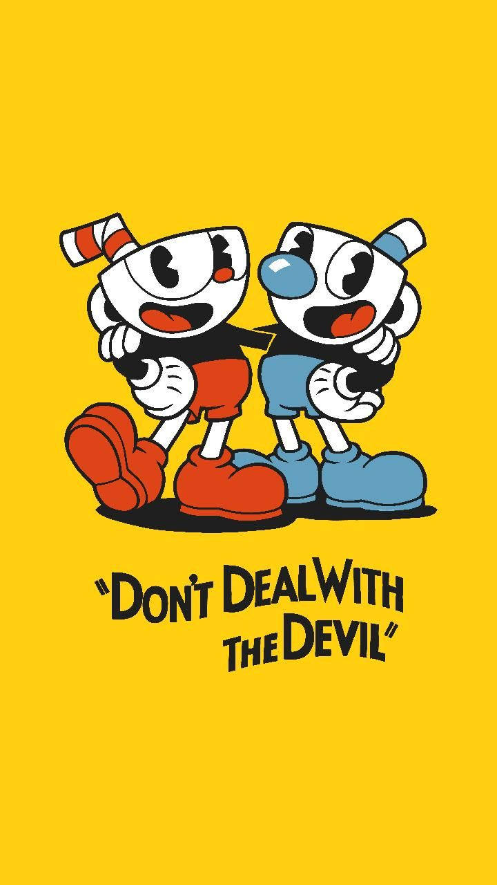 兩個杯角色在黃色背景上擁抱，帶有文字「Don't Deal With The Devil」。