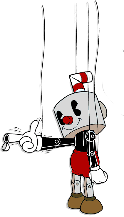 杯頭角色姿勢 壁紙 — 一個卡通Cuphead角色，穿著紅色短褲和條紋帽子，在黑色背景上愉快地咧嘴笑著向前指。