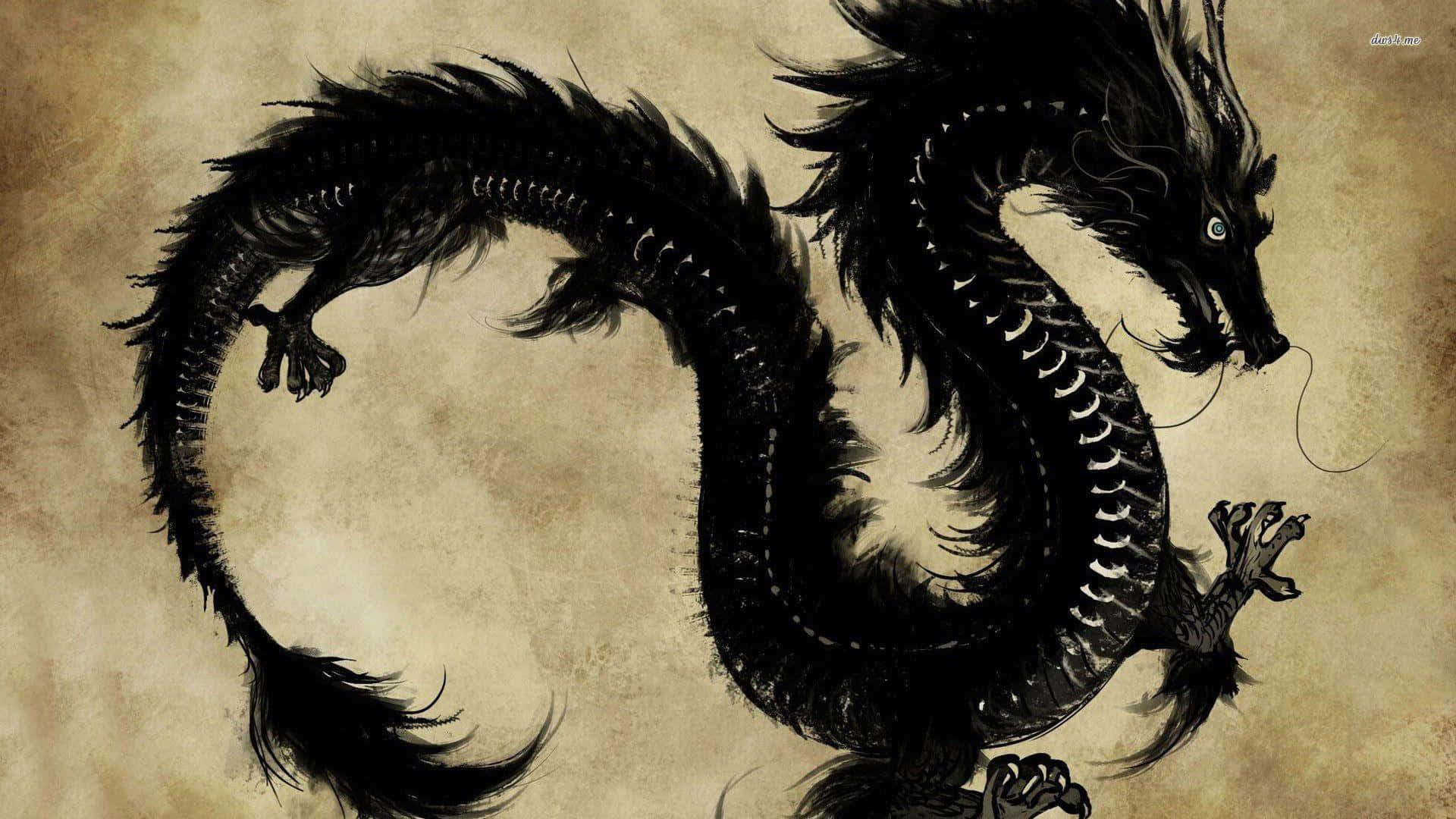 東亞黑龍 壁紙 — 一條威嚴的黑色水墨龍，在帶有紋理的羊皮紙背景上優雅盤繞，鱗片精細，藍色眼睛兇猛。