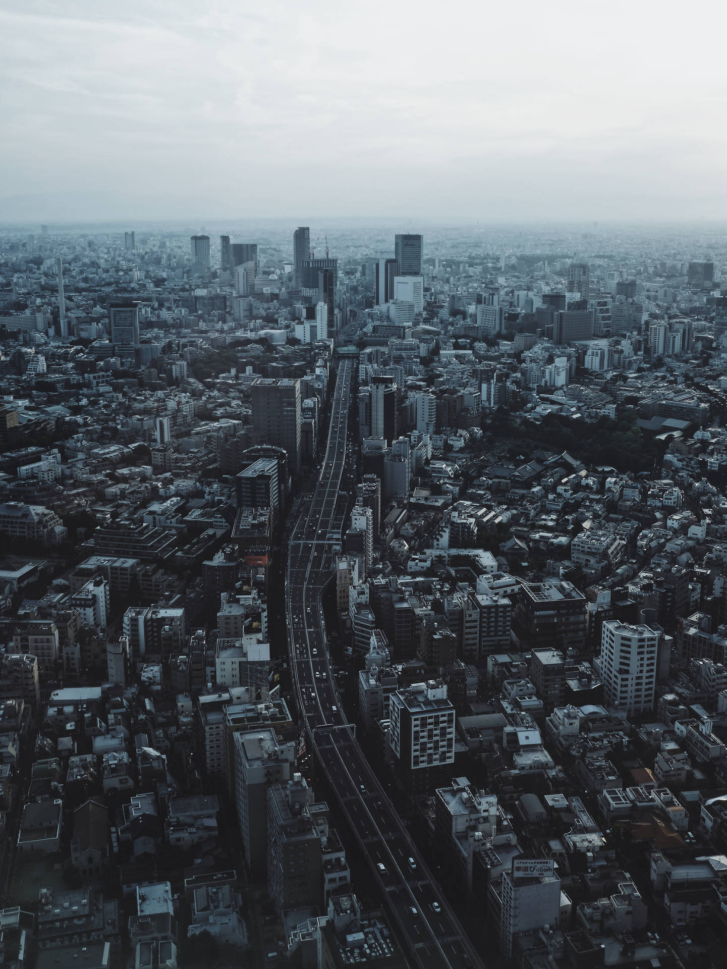 從高空俯瞰一個密集的城市，有一條主要高速公路和高樓大廈，天空灰濛濛。