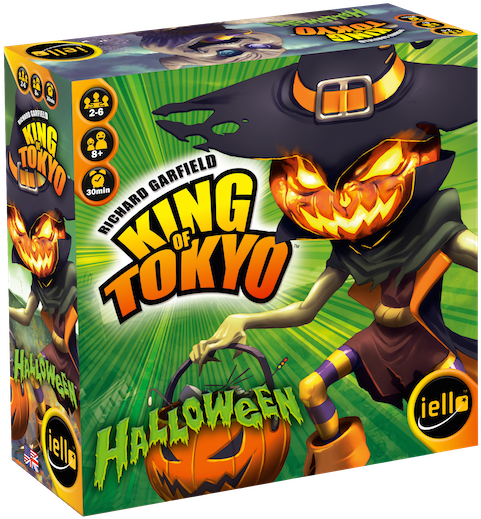 東京之王萬聖節版桌遊 壁紙 — 一個充滿活力的萬聖節主題棋盤遊戲盒，上面有一個卡通女巫，頭部是發光的傑克南瓜燈，手持南瓜籃子，背景是綠色放射狀爆發。