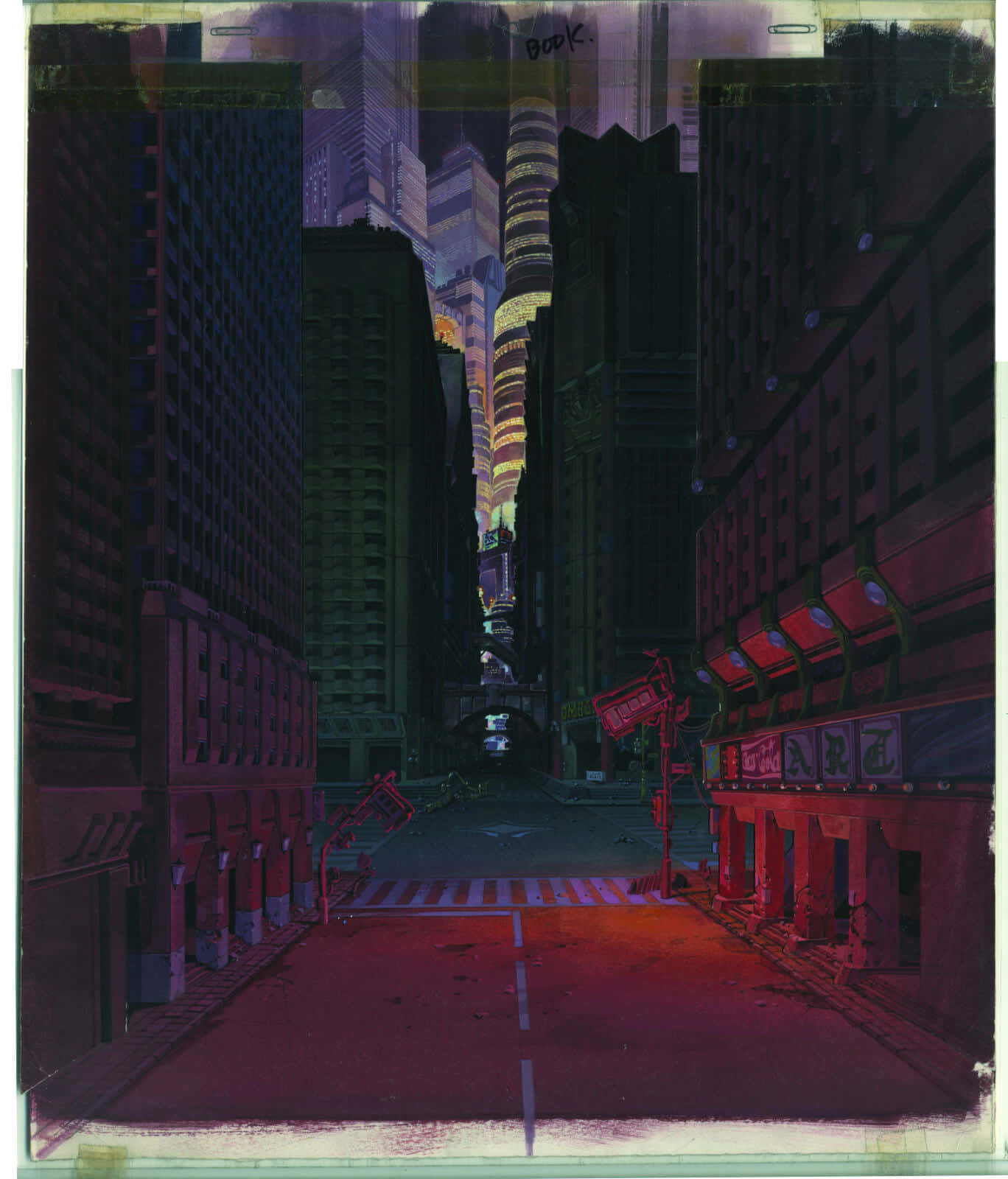 夜晚空無一人的霓虹燈城市街道，高聳的建築物和發光的招牌。
