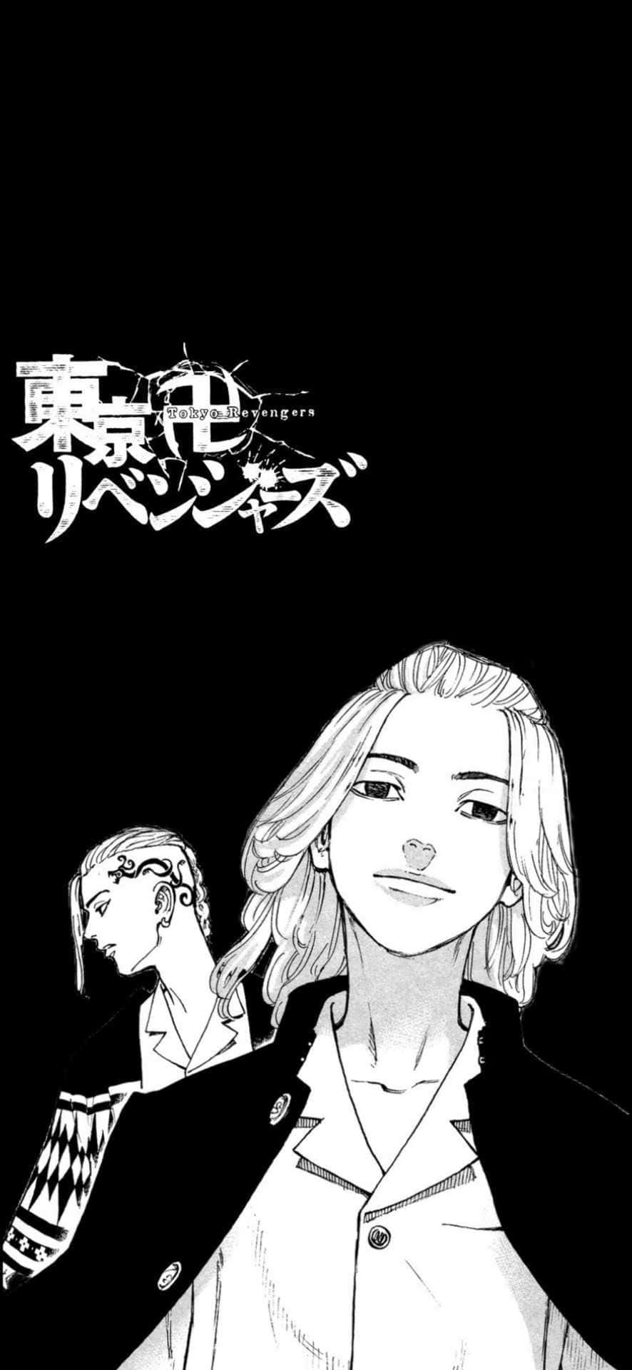 東京卍リベンジャーズ中的高槻泉與日向創 壁紙 — 以黑色背景為襯托，以黑白漫畫風格描繪《東京復仇者》中的兩個角色。