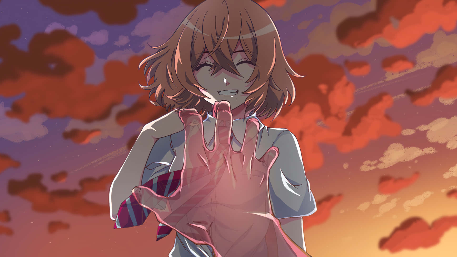 《東京卍復仇者》Hinata 被 Takemichi 手觸碰頭像 壁紙 — 一個微笑的動漫女孩，棕色頭髮，舉起手對著充滿橙色和紫色雲朵的熾熱日落天空。