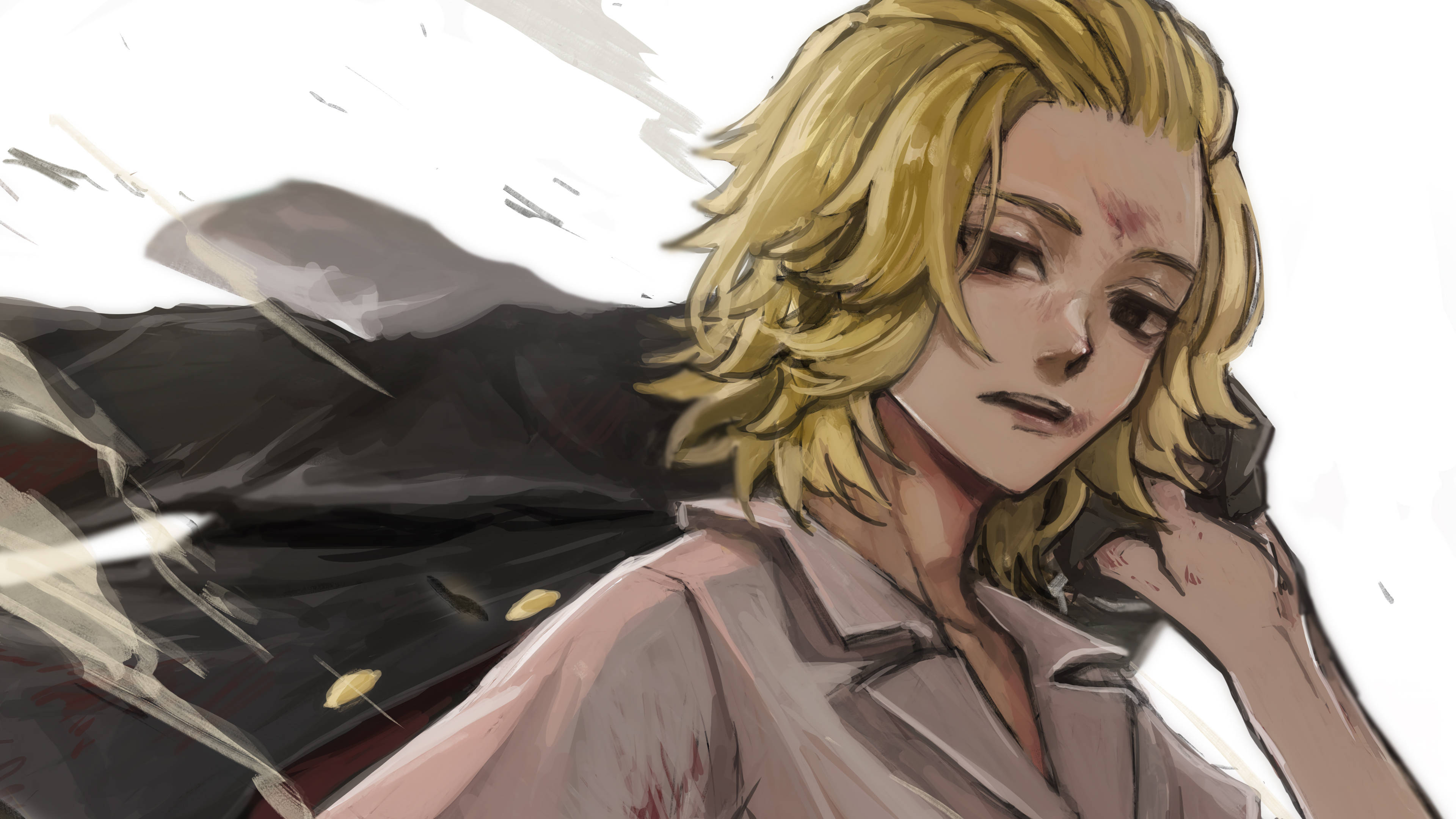 《東京卍復仇者》Mikey 學生造型 壁紙 — 一個堅定的動漫角色，金髮，穿著血跡斑斑的外套，站在破碎的玻璃和碎片中。