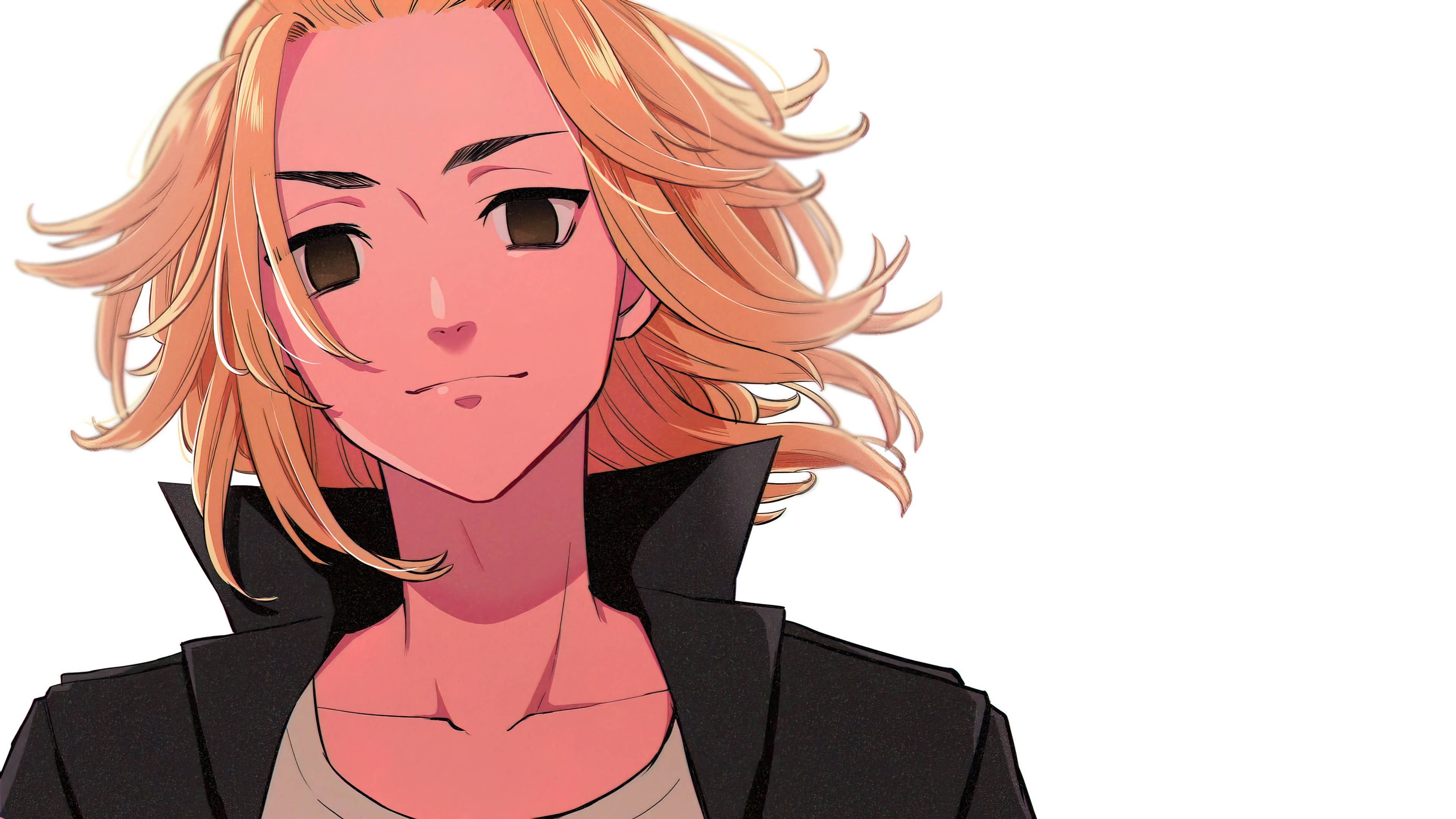 《東京卍復仇者》Mikey 紅臉特寫 壁紙 — 動漫女孩，飄逸的蜜桃色頭髮，表情嚴肅，穿著黑色外套，白色背景。