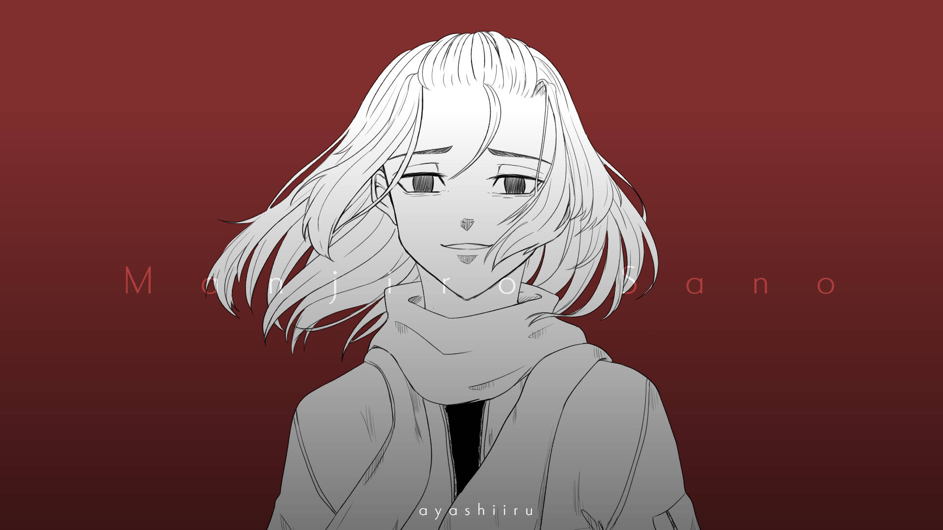 《東京卍復仇者》Mikey同人圖 壁紙 — 一個單色動漫女孩，短髮戴著圍巾，站在深紅色漸變背景前。