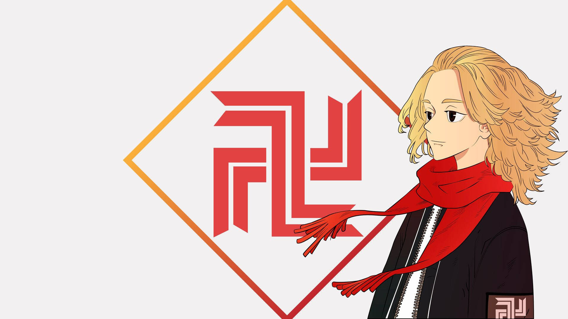 《東京卍復仇者》Mikey徽章圖案 壁紙 — 金髮紅圍巾的動漫角色向橙色菱形框內的紅色風格化標誌做手勢。